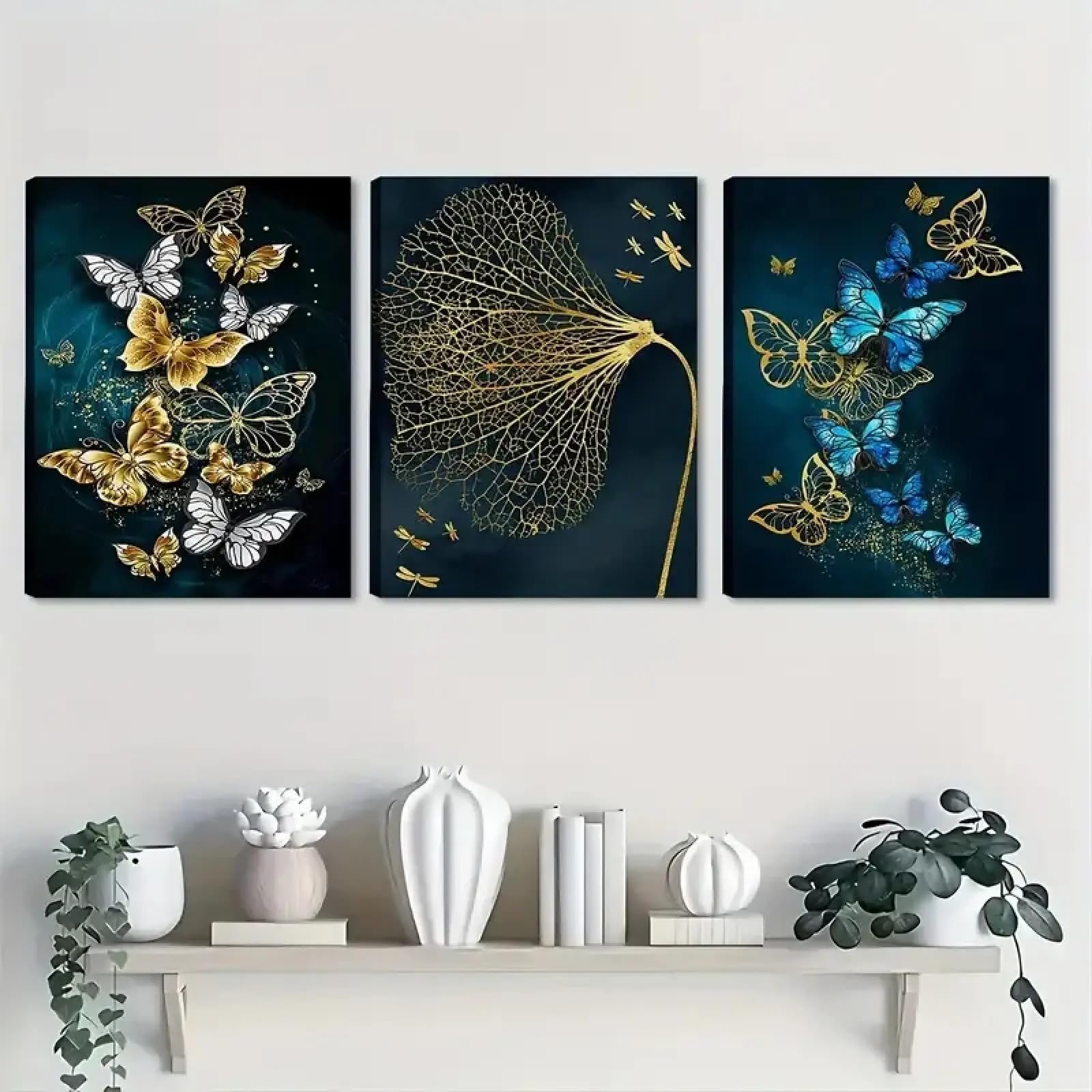 Cuadros de pared con hojas de mariposa azul dorado, pinturas artísticas, carteles de pared para decoración de sala de estar y dormitorio, impresiones en lienzo, carteles de 30 x 50 cm x 3 con marco