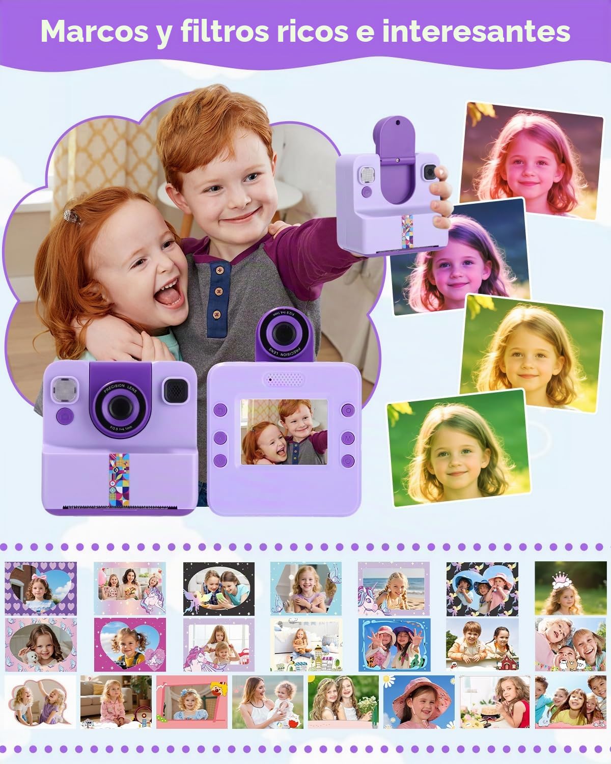 Cámara instantánea para niños, 1080P HD, cámara instantánea con impresión instantánea, tarjeta SD de 32 GB y 5 rollos de papel fotográfico, regalo para niñas y niños a partir de 3 – 12 años