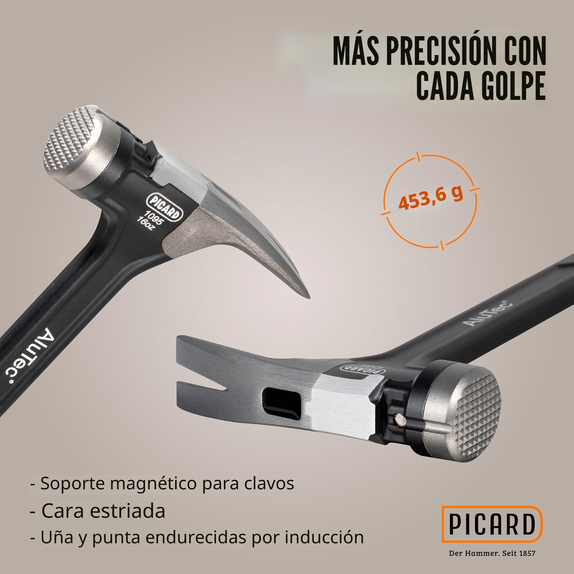 PICARD Martillo AluTec no.1095 superficie rugosa| Martillo Carpintero Profesional | Encofrador con Cabeza Híbrida de Aluminio y Acero | Mango Ergonómico Antivibración | Martelo