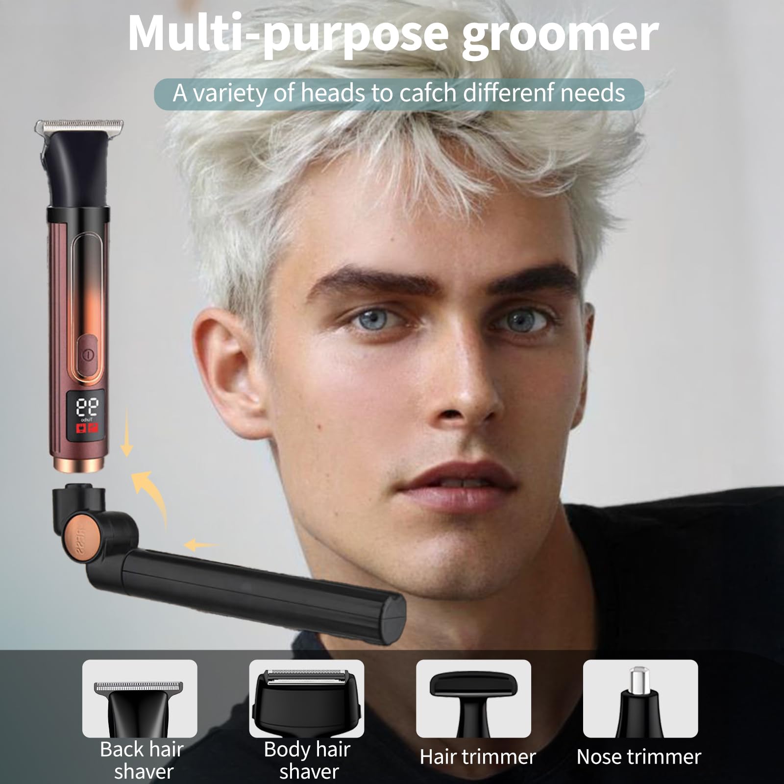 Rasoio elettrico per la schiena da uomo 4 in 1, kit per la cura del corpo con manico di estensione regolabile, display a LED impermeabile, rasoio pieghevole per il corpo da uomo