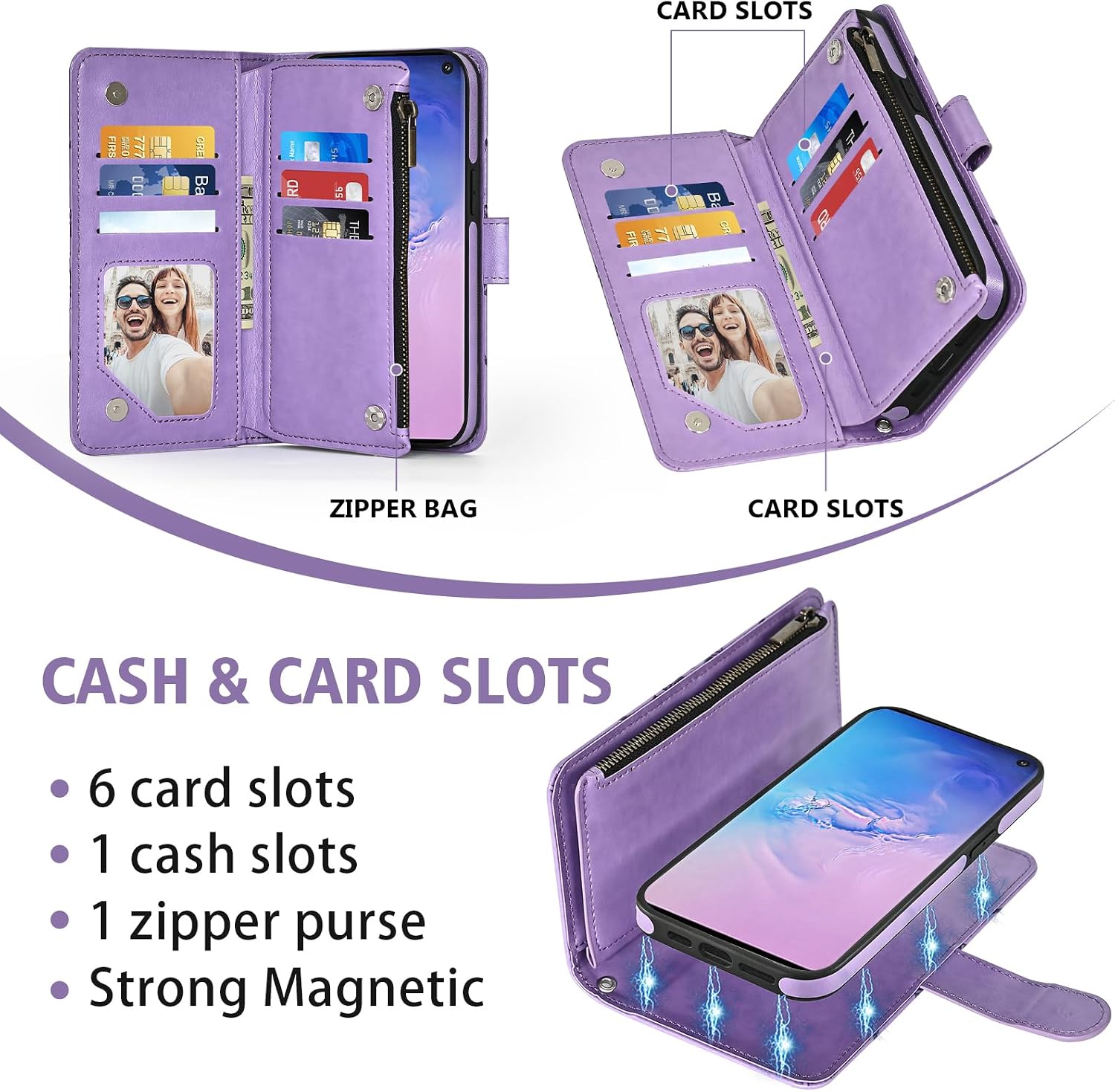 Asuwish Phone Case for Samsung Galaxy S10 Zipper Wallet Magnetic Detachable Cell Cover with Tempered Glass Screen Protector Crossbody Strap Flower Card Holder S 10 Edge 10S GS10 X10 Women Girls Purple