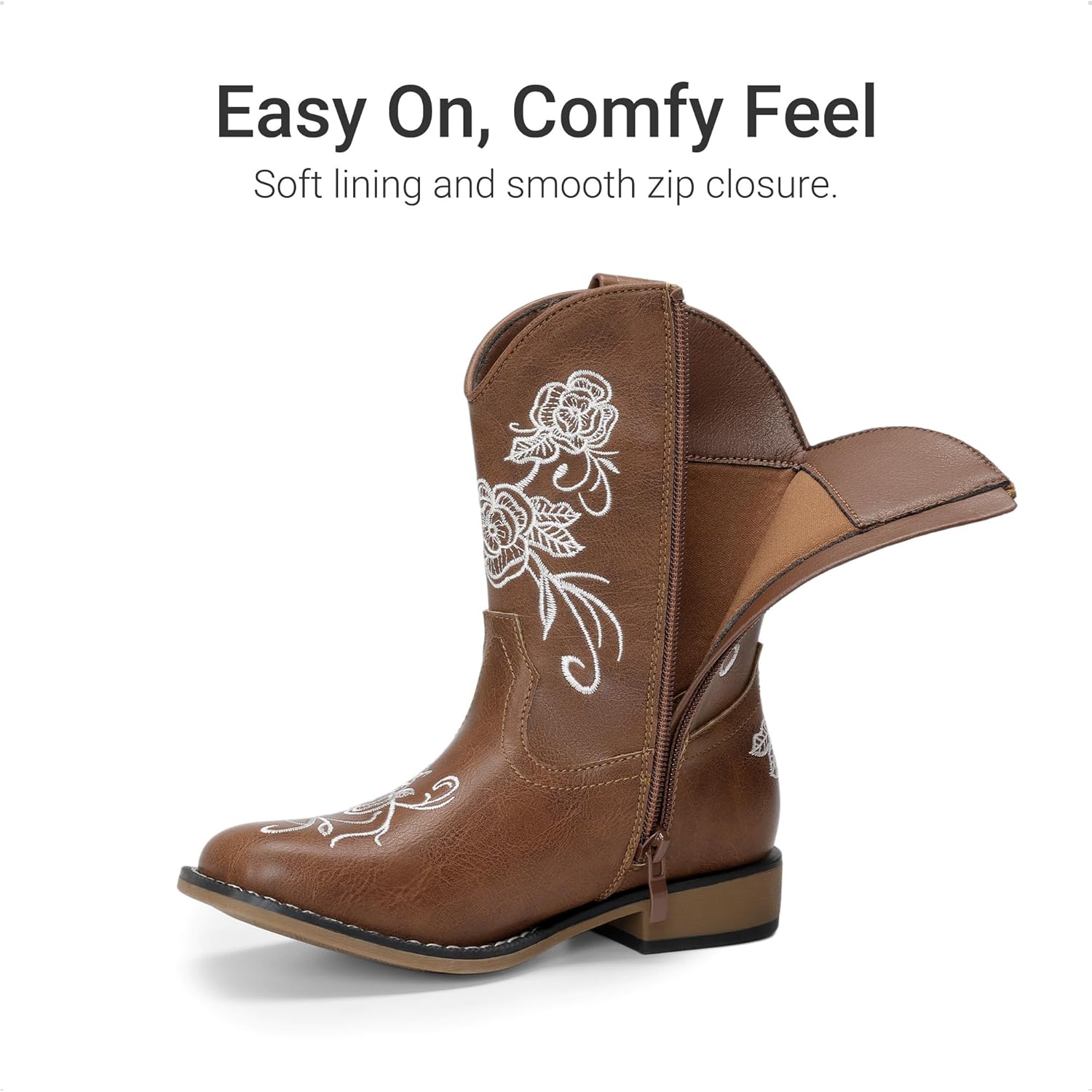 DREAM PAIRS Girls Cowboy Boots Floral Embroidered Classic Western Cowgirl Boots Square Toe Mid Calf Side Zipper Horsing Party Toddler/Little/Big Kids