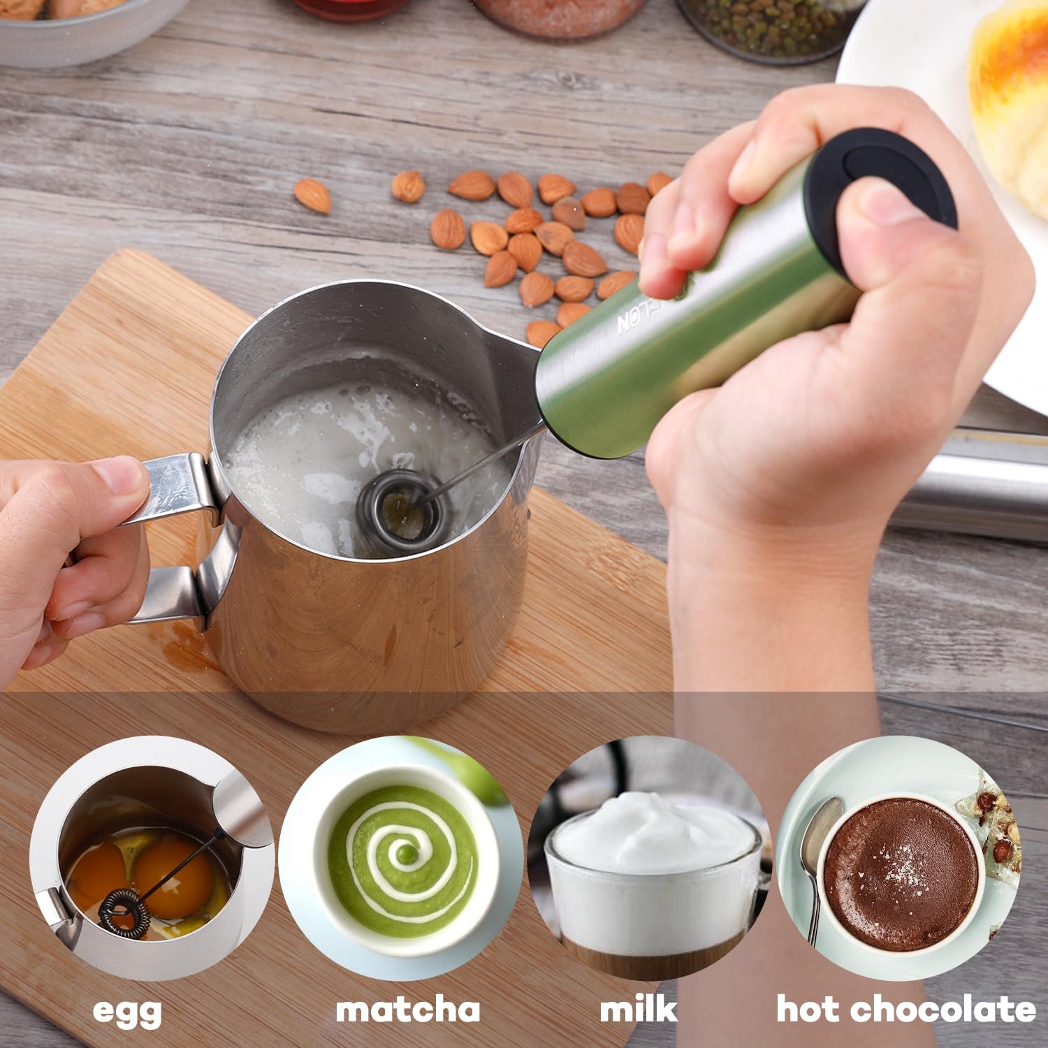 Espumador de leche recargable, espumador de café eléctrico, mezclador de bebidas de mano para latte, capuchino, café, huevos, chocolate caliente, proteínas, verde