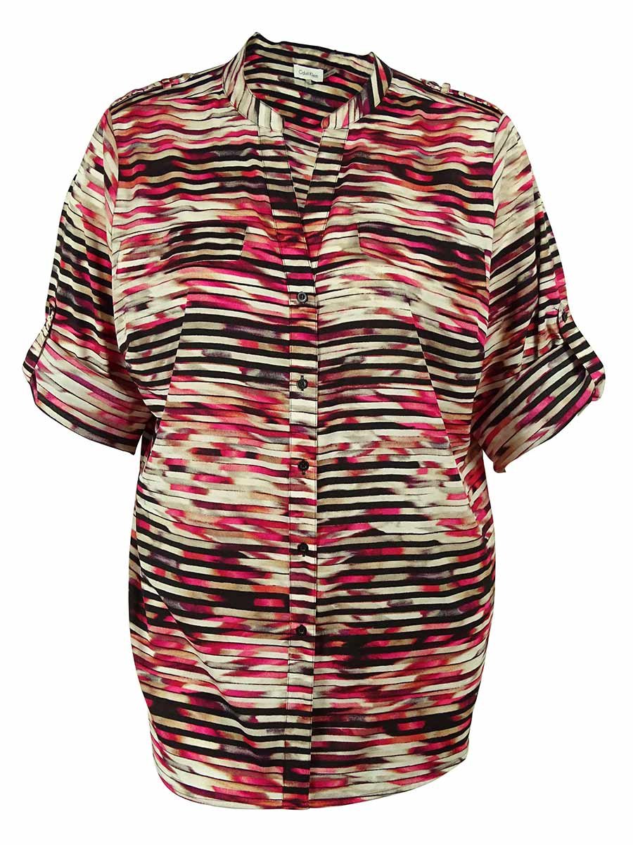 Calvin Klein Women's Plus-Size Printed Crew-Neck Roll-Sleeve Blouse