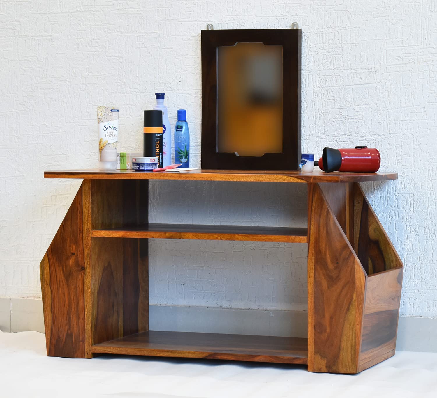 SamDecors Solid Sheesham Wood (Rosewood) Bella Multipurpose Dressing Table/Side Table with Mirror - Yellow Natural Teak-image-39