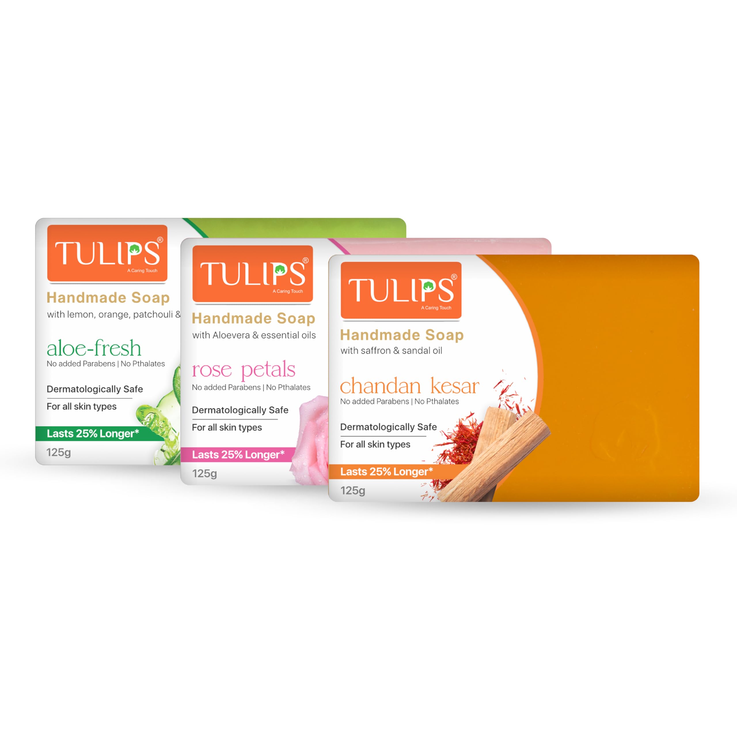 Tulips handmade soap with Aloe Fresh, Rose Petals & Chandan Kesar125 g (Pack of 3,) for all skin type, no added parabens I no pthalates. Lasts 25% longer-picture-42