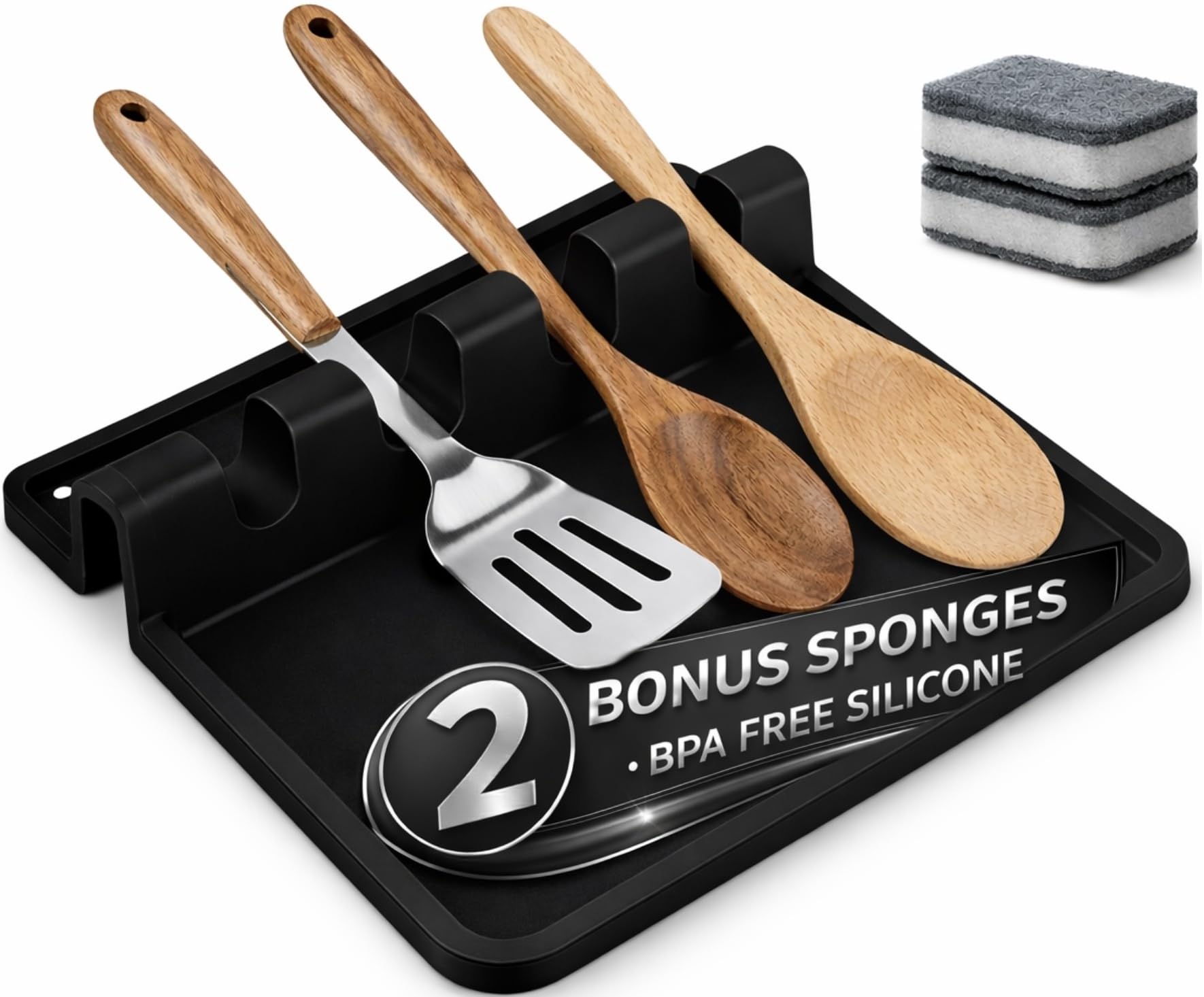 Silicone Spoon Rest for Stove Top – Silicone Utensil Holder with Large Drip Tray, Heat Resistant, BPA Free Food-Grade Silicone, Non-Slip Base, Dishwasher Safe,4-Slot Design, Includes 2 Sponges (Black)