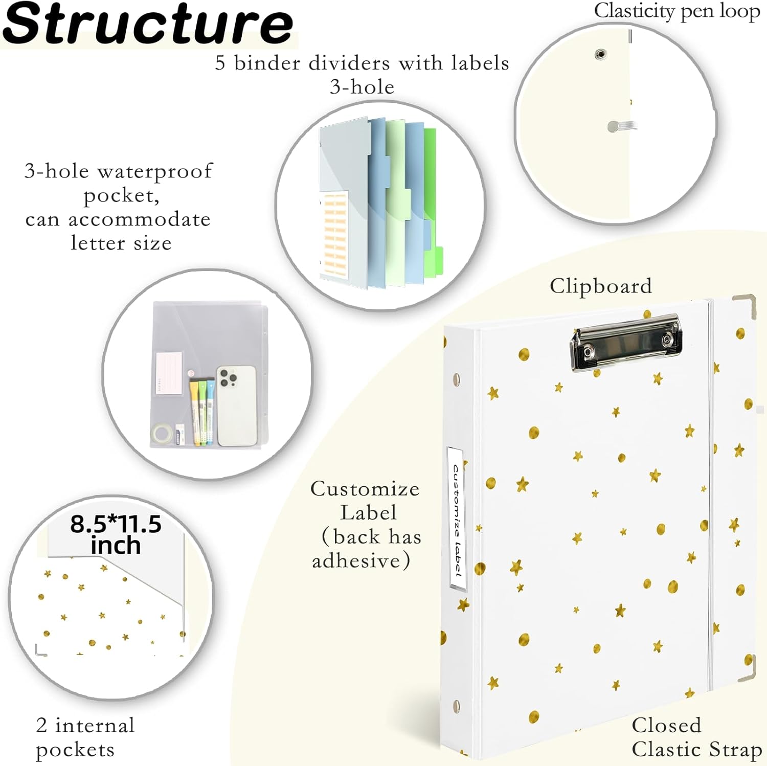 3 Ring Binder 1 inch with Clipboard - White with Gold Dots & Stars Design, Includes Dividers, File Bag & Spine Label - Glamorous and Functional for Any Setting, Holographic Waterproof Film