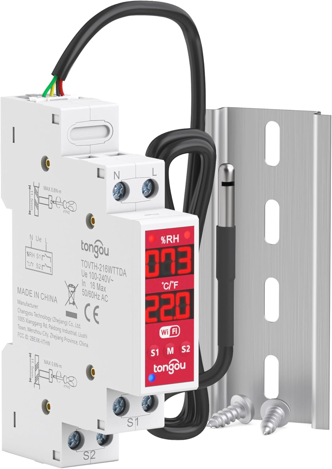 TONGOU WiFi Smart Temperature Humidity Controller Switch, DIN Rail Dry Contact Output,Tuya/ Smart Life Remote Temperature Humidity Monitor, for Electrical Cabinet/ Greenhouse Incubator, FCC Certified