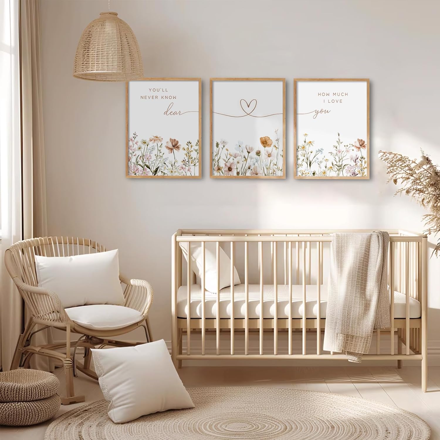 3Pcs Framed Boho Nursery Wall Art Flower Botanical Sentence Painting Picture Wall Decor Wildflower Children's Room Poster Print Artwork for Nursery Baby Room Living Room Bedroom Home Decoration