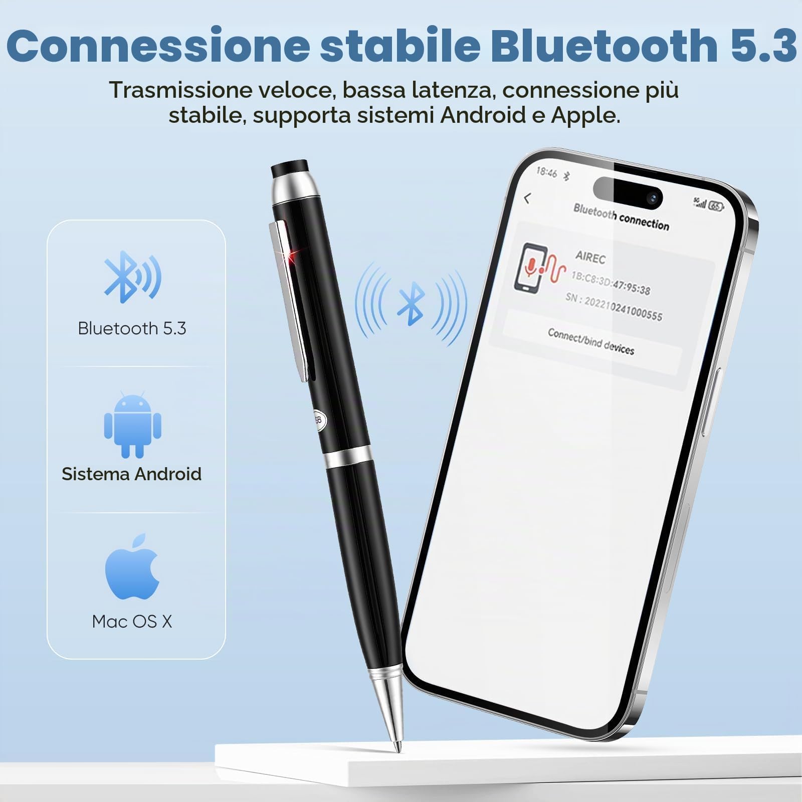 Penna Registratore Vocale 64GB, Mini Registratore Vocale Spia con AI, Traduzione 60+ Lingue, Registrazione Audio da 10 Ore, Microspia Audio Cimice a Distanza HD, per Riunioni, Lezioni, Interviste