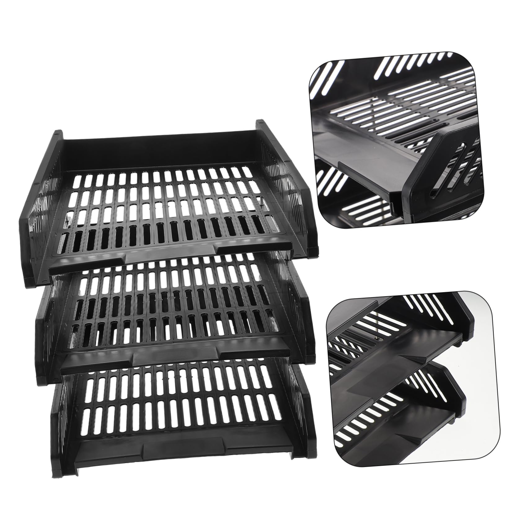 Organizador de Papel de 3 Bandejas PP Negro para Oficina | Diseño de 3 Niveles Estructura de Orificios Redondos, Montaje Sencillo y Soporte Robusto, Apto para Escuela