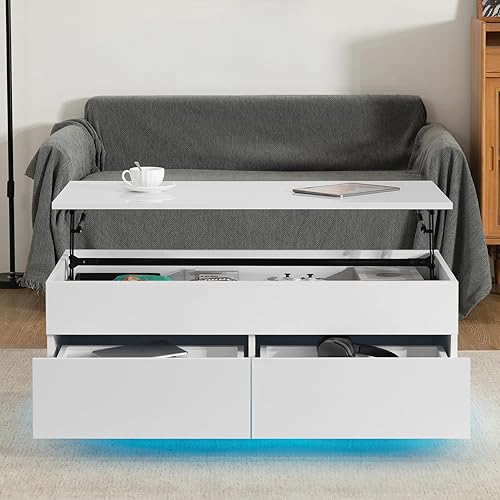 Miniatura 42 de HOMMPA Morden - Mesa de centro elevable de 40 pulgadas con almacenamiento, mesa de centro LED de alto brillo, mesa de té moderna de 3 niveles con