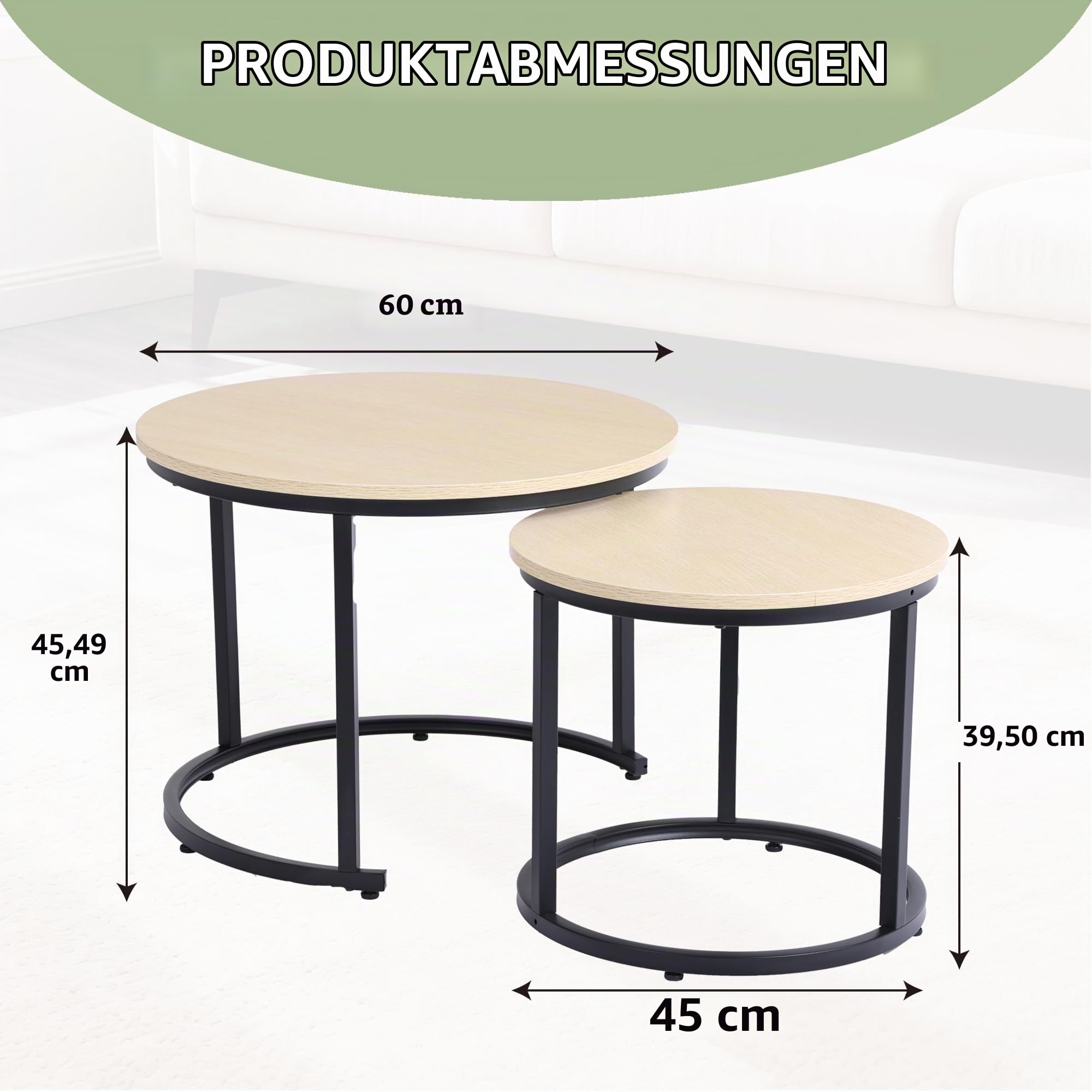 Runder Couchtisch 2er Set, Wohnzimmertisch mit Schwarz Metallgestell, Beistelltisch Set, Couchtisch mit Glatter Holzoptik, Sofatisch für Wohnzimmer, Schlafzimmer und Büro, Elfenbein