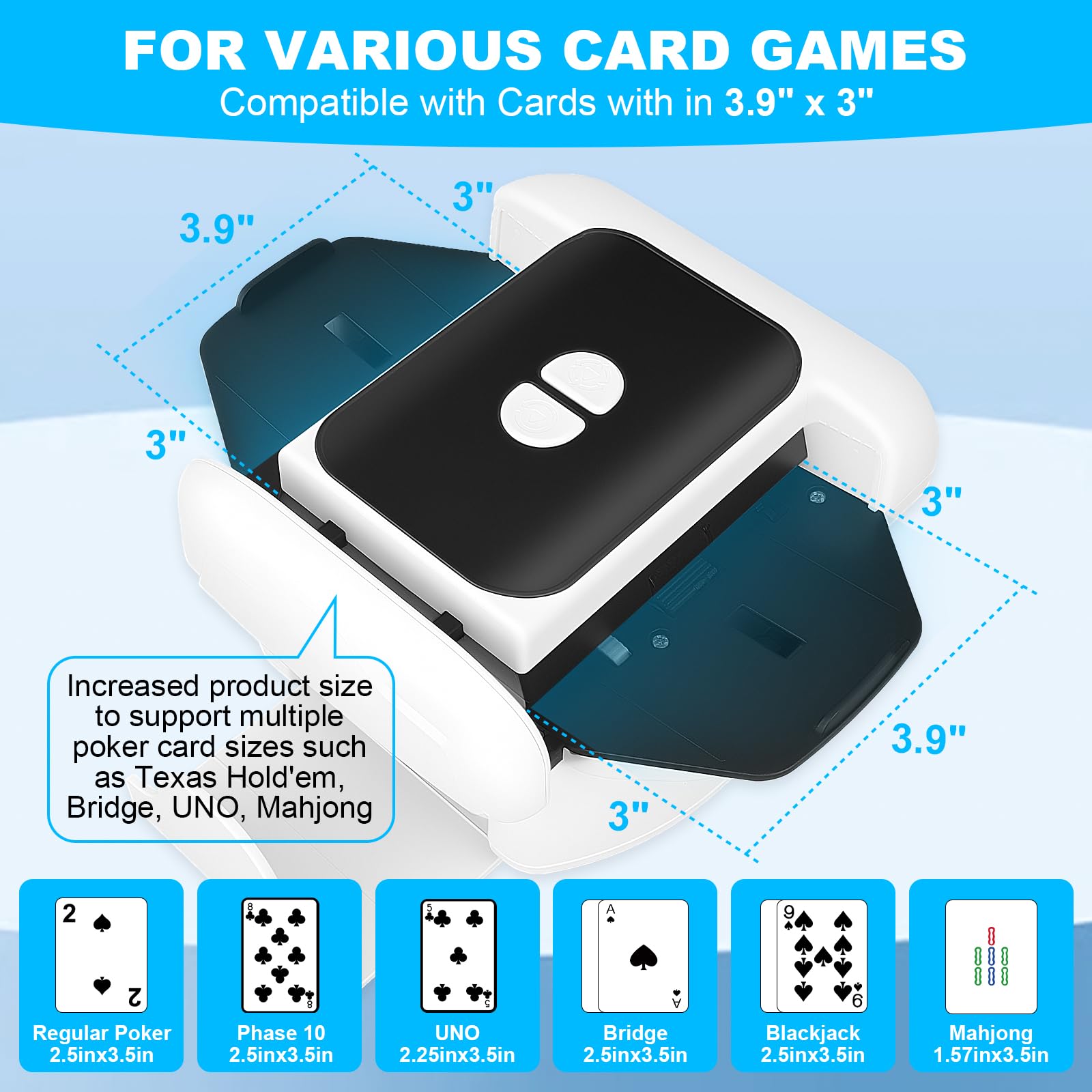 Mélangeur de Cartes Automatique, Portable et Rechargeable, Manuelle, Silencieux, pour 1 à 2 Jeux de Cartes, Compatible avec Poker, Blackjack, Skip-Bo et Phase 10