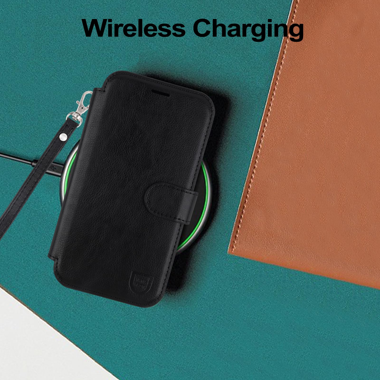 VANAVAGY Kompatibel für iPhone 16 Plus Hülle für Magsafe Drahtlos Aufladen, Leder Flip Folio Handgelenk mit RFID-Blockierung Kartenhalter, Schwarz