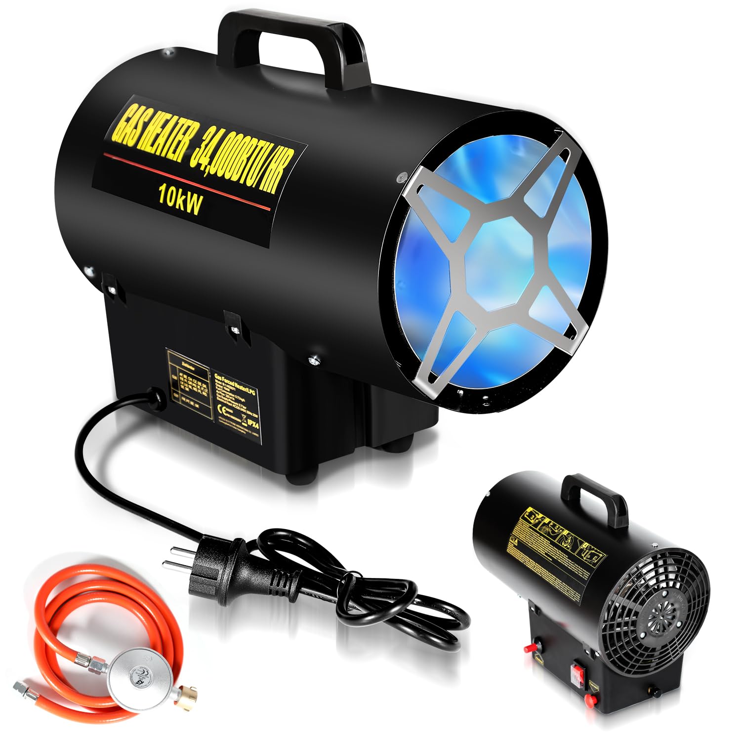 Ikodm Gasheizung für innenräume, 10KW 220V Gasheizgerät Gasheizer Gasheizgebläse Propangasheizgebläse 320 m³/h Luftdurchsatz, mit 1,2m Gasschlauch und 700 mbar Druckminderventil
