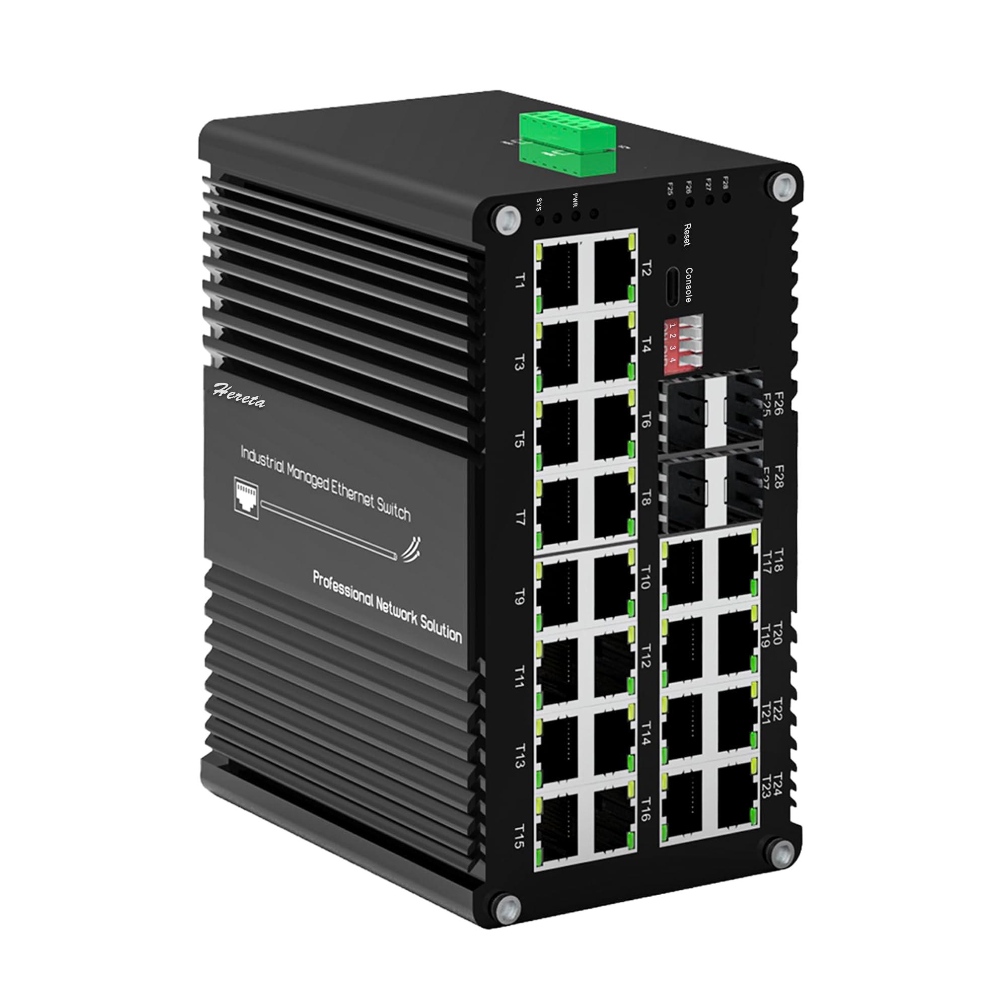 Hereta 24 Port PoE L2+ Managed Gigabit Ethernet Switch with 4 SFP Slots, Industrial Hardened Network Fiber Switch Support 48~57VDC,6KV Lightning