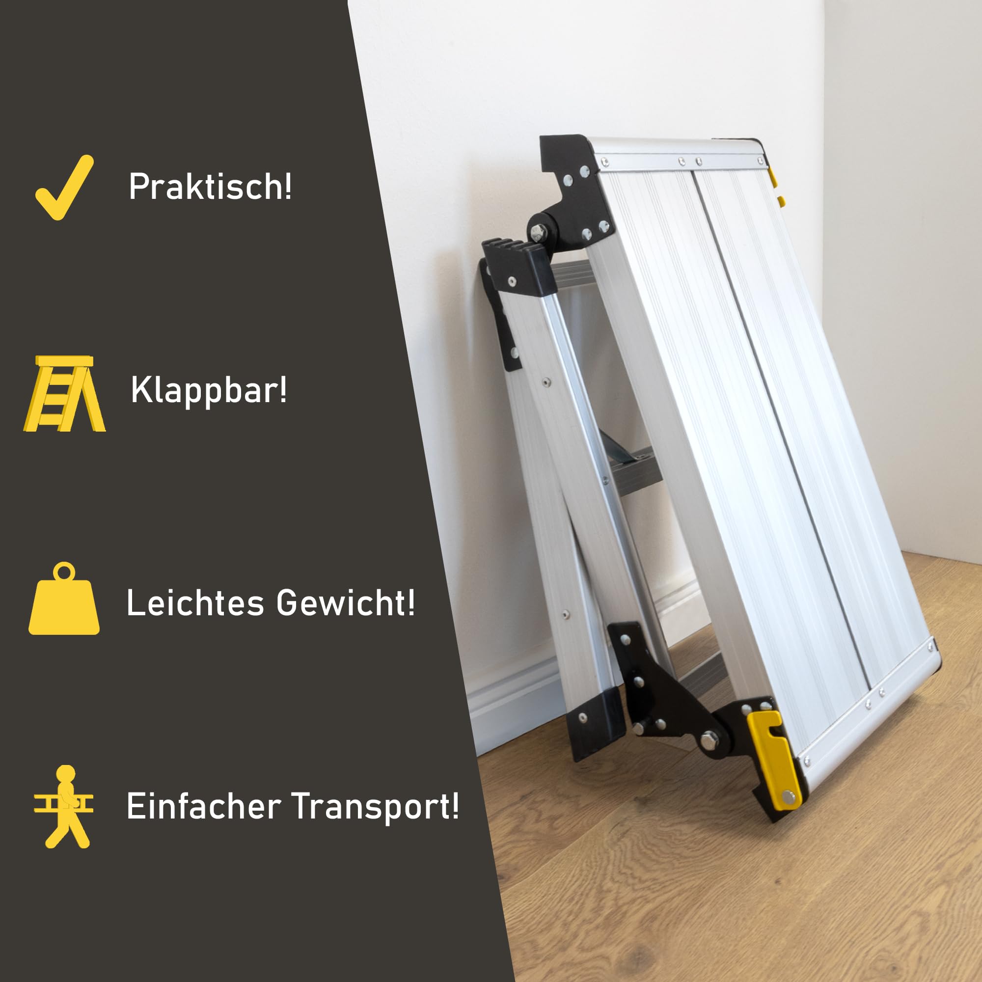 LEMODO Arbeitsplattform | Arbeitsbühne mit Antirutsch-Oberfläche 51 x 30 cm | Laufbühne bis zu 150 kg belastbar | Aluleiter mit 2 Stufen | Plattformleiter