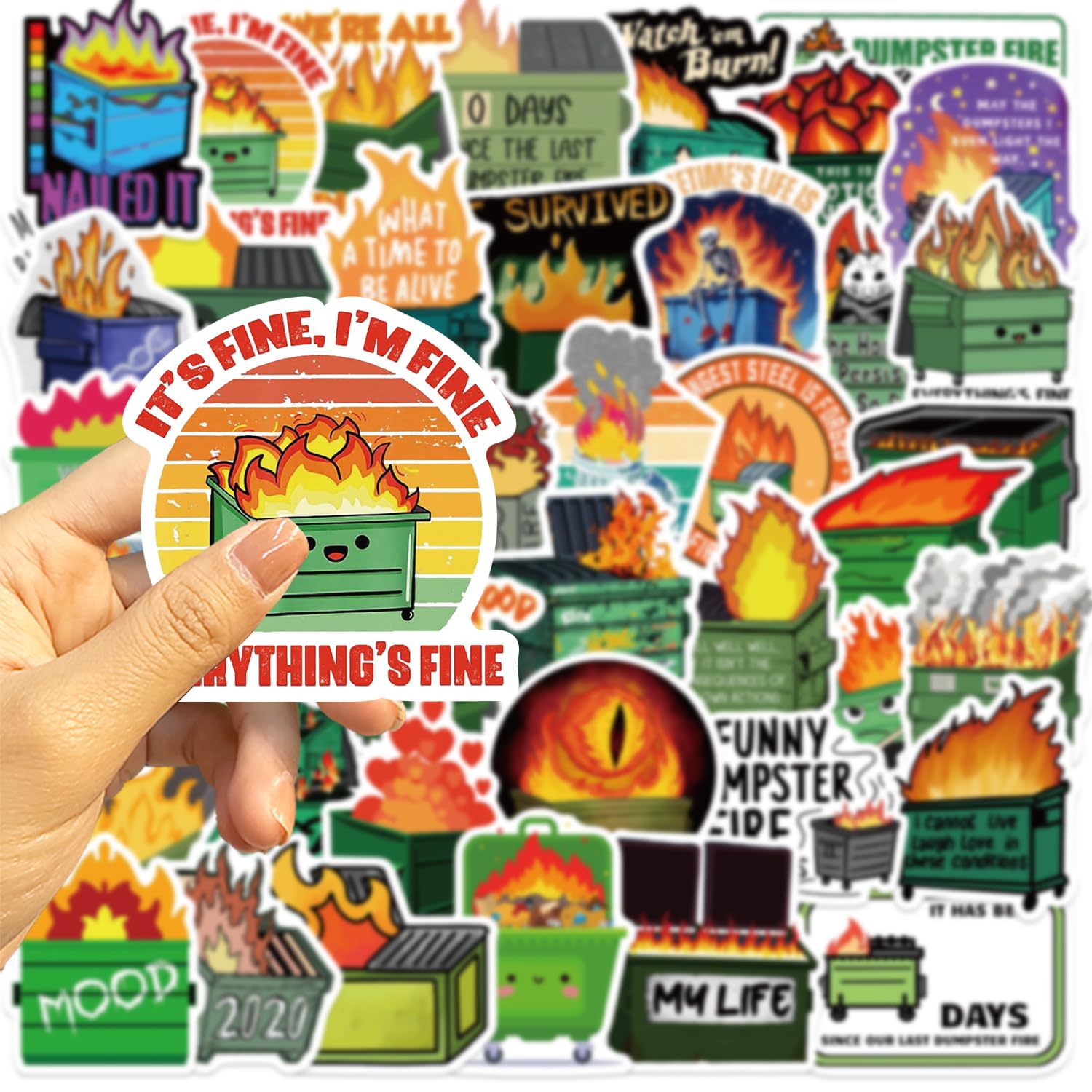 50Pcs Dumpster Fire Stickers Laptop Car Scrapbook Phone Skateboard Suitcase Luggage Bike Funny Dumpster Fire Vinyl Waterproof Aesthetic Personalised Stickers for Teens Boys Girls Adults - Image 2