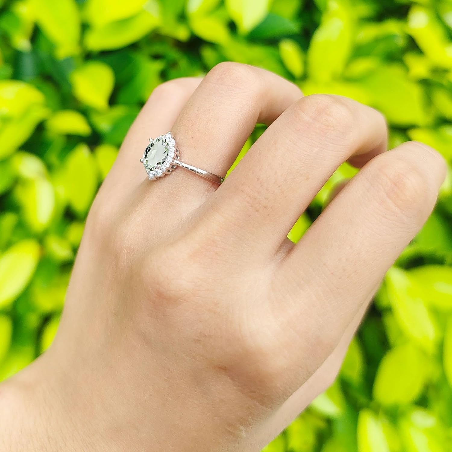 OMRANII Three Stone Ring Oval Natural Green Amethyst Prasiolite Solitaire Cubic Zirconia Classic Style Wedding Engagement Rings For Women 925 Sterling Silver Gifts For Her