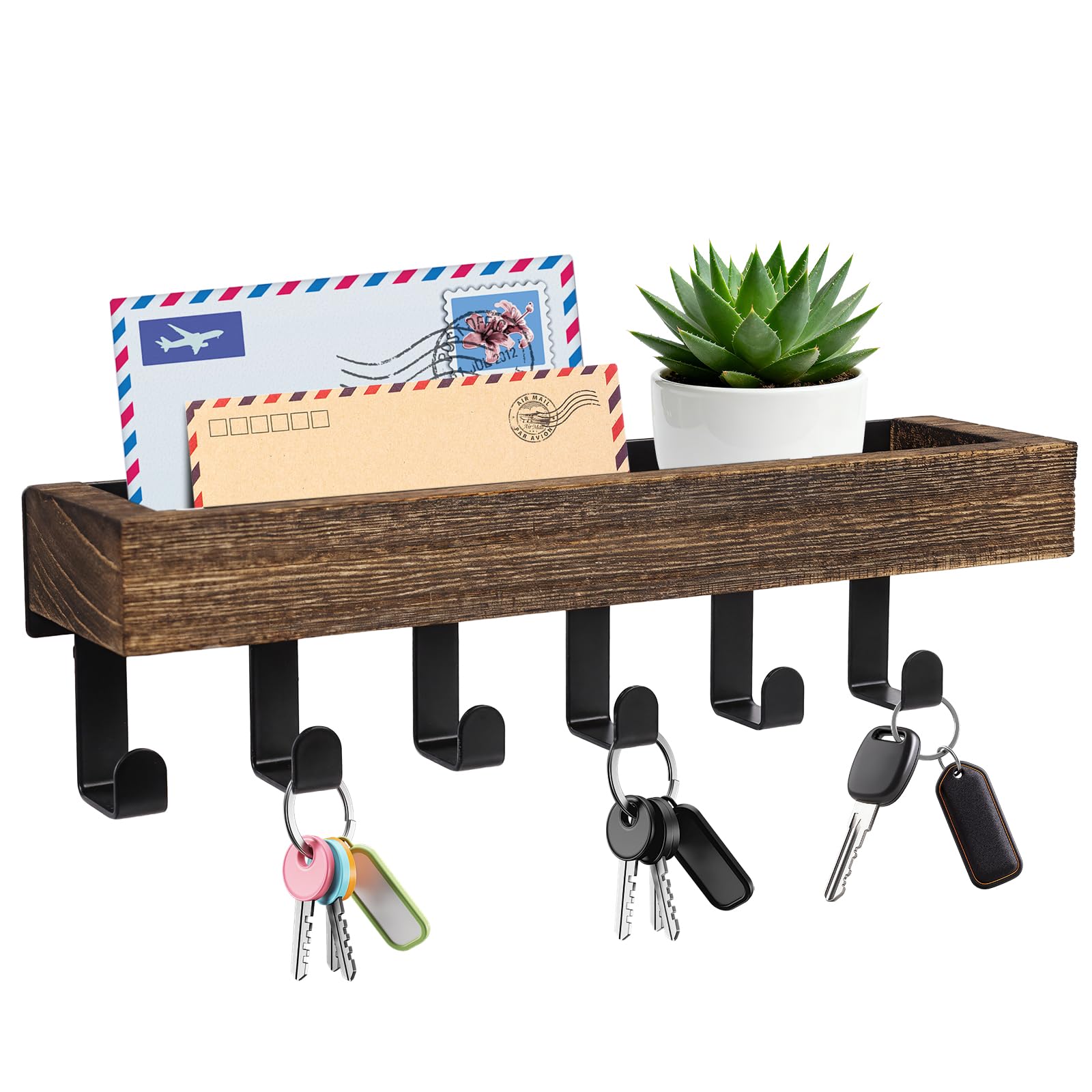 Aovanta Key Holder for Wall, Key Hooks Wall Mounted with Shelf, Wall Key Rack with 6 Key Hook, Key Holder for Home Decor Hallway, Entryway, Bedroom, Mudroom, Office (Wood)