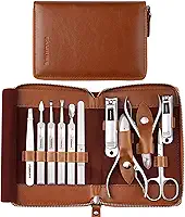 FAMILIFE Conjunto de manicure profissional, kit de cortadores de unhas 11 em 1, kit de ferramentas de pedicure de aço inoxidável com estojo portátil de viagem de couro marrom para