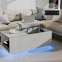 HOMMPA Mesa de centro de LED com estação de carregamento, mesa de jantar com compartimento oculto para armazenamento, mesa central elevatória moderna com luz de LED, mesa de chá para sala de estar,