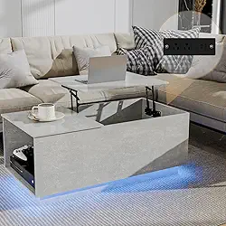 HOMMPA Mesa de centro de LED com estação de carregamento, mesa de jantar com compartimento oculto para armazenamento, mesa central elevatória moderna com luz de LED, mesa de chá para sala de estar,