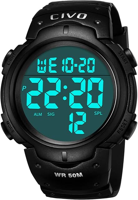 Mens Digital Sports Watches Military Big Numbers 50M Waterproof Large Face Army Wrist Watch LED Back Light Casual Watch for Men Rubber Black