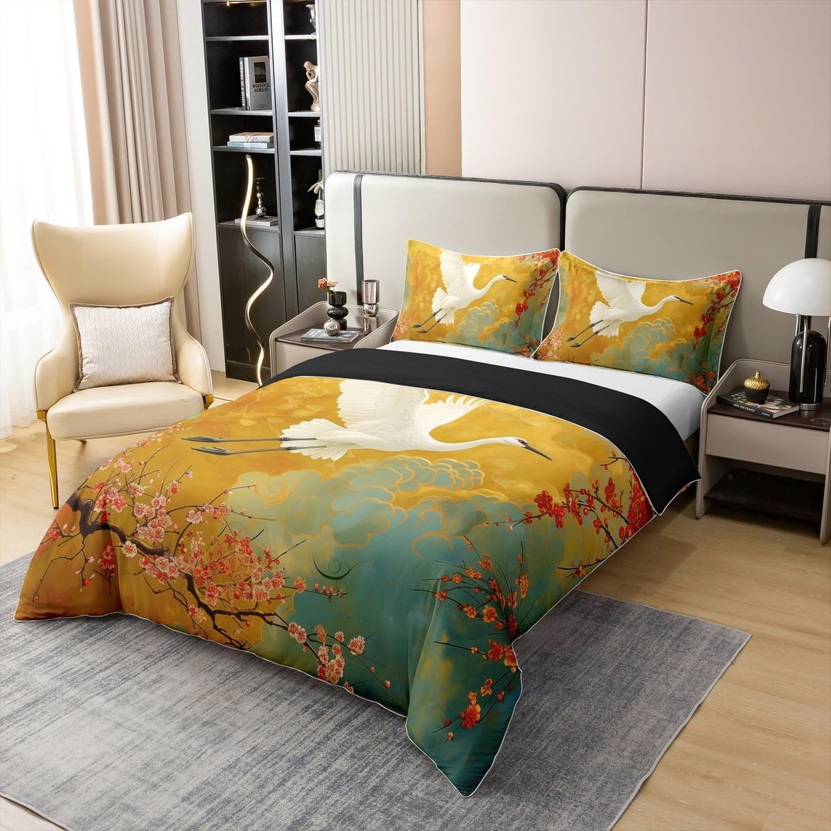 Erosebridal Crane Bird 100% Cotton Bedding Set King Size Plum Bossom Bedclothes for Kids Men Women Floral Japanese Ukiyo-E Teal Blue Yellow Comforter Cover Soft Comfy Duvet Cover