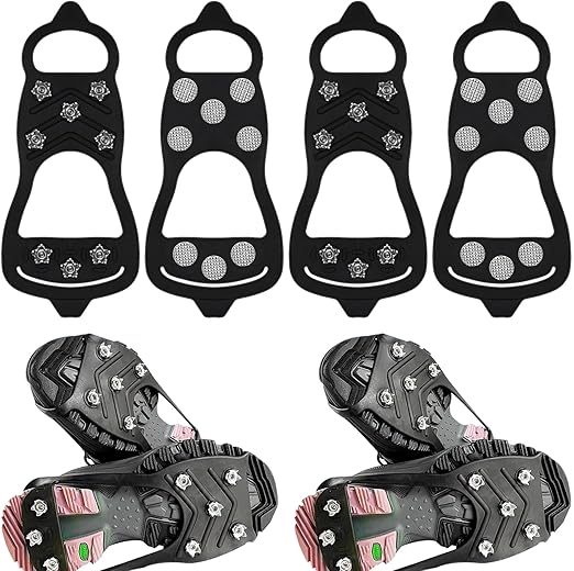 2 Pairs Non Slip Gripper Spike Ice Traction Cleats Universal Anti-Skid Snow Ice Climbing Shoe Walk Traction Cleat Durable Ice Snow Grips with 8 Steel Studs Crampons for Hiking Climbing Ice Fishing