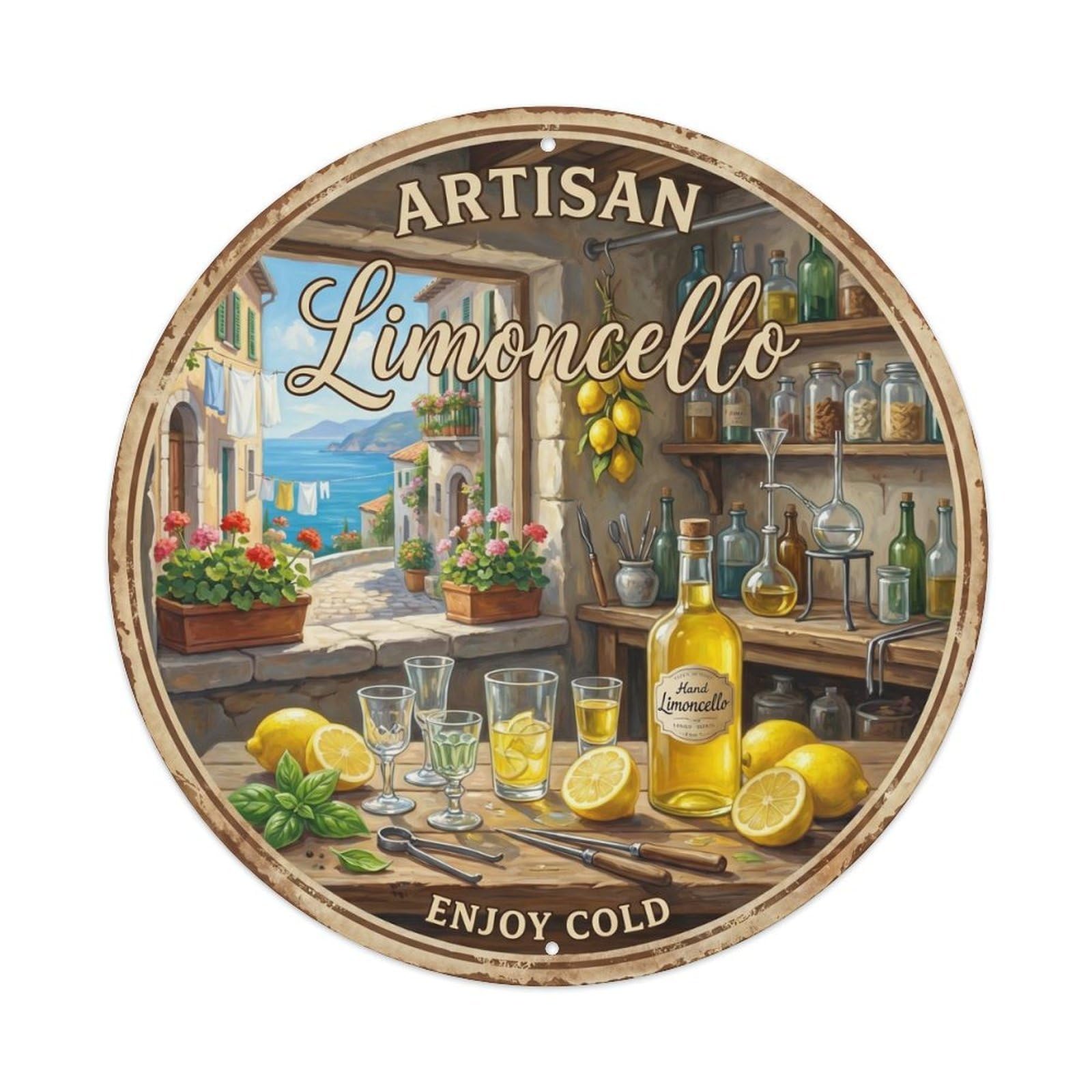 Fqcyn Style Artisanal Limoncello Drink Metal Tin Sign Plaque Wall Decor For Cafe, Club Bar, Office, Home Garden Round Metal Poster 8X8inch
