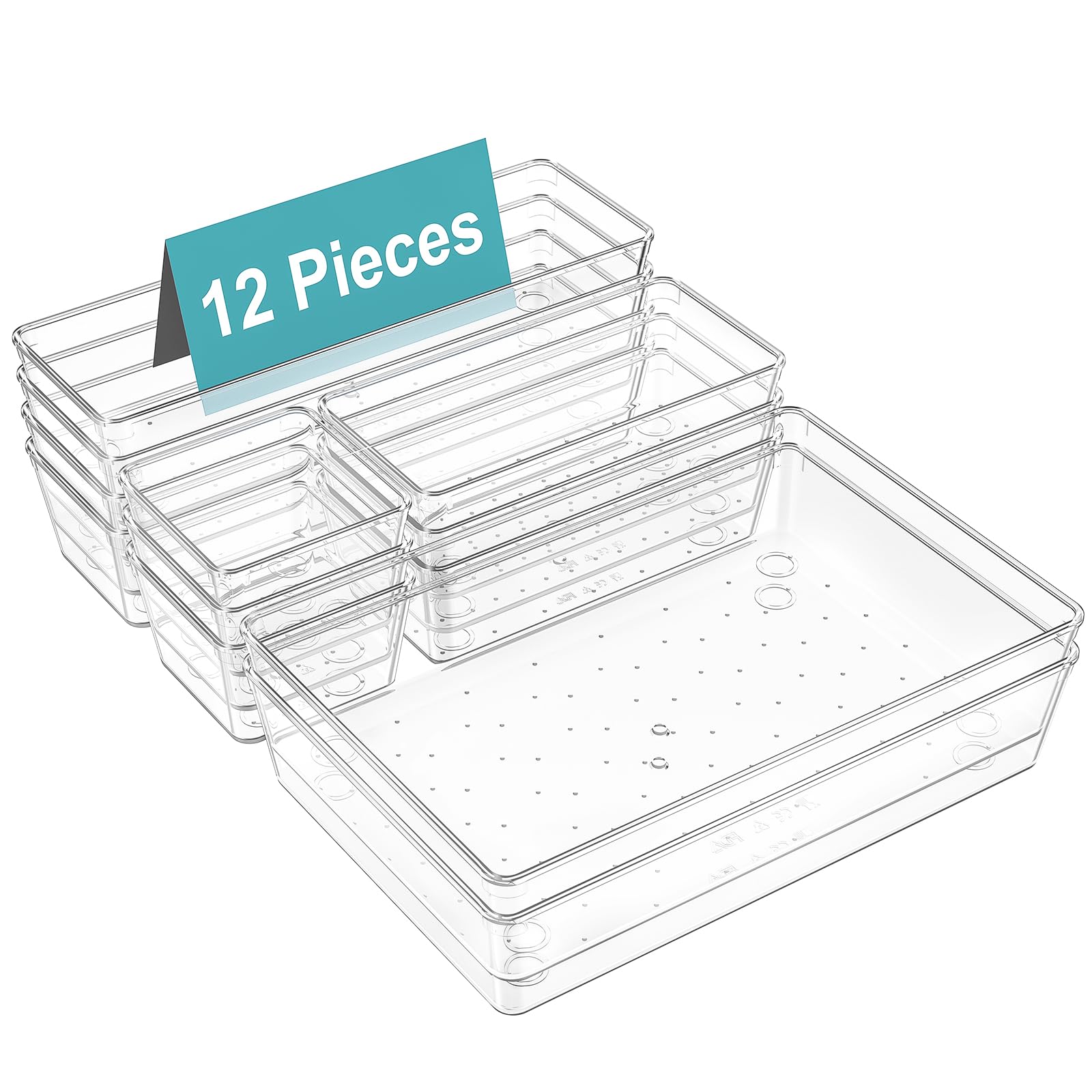 Radikor 12 Piezas Organizadores de Cajones de Plástico Transparente, Separadores de Cajones de Escritorio Apilables de 4 Tamaños, Bandejas de Almacenaje para Maquillaje, Baño, Cocina, Oficina