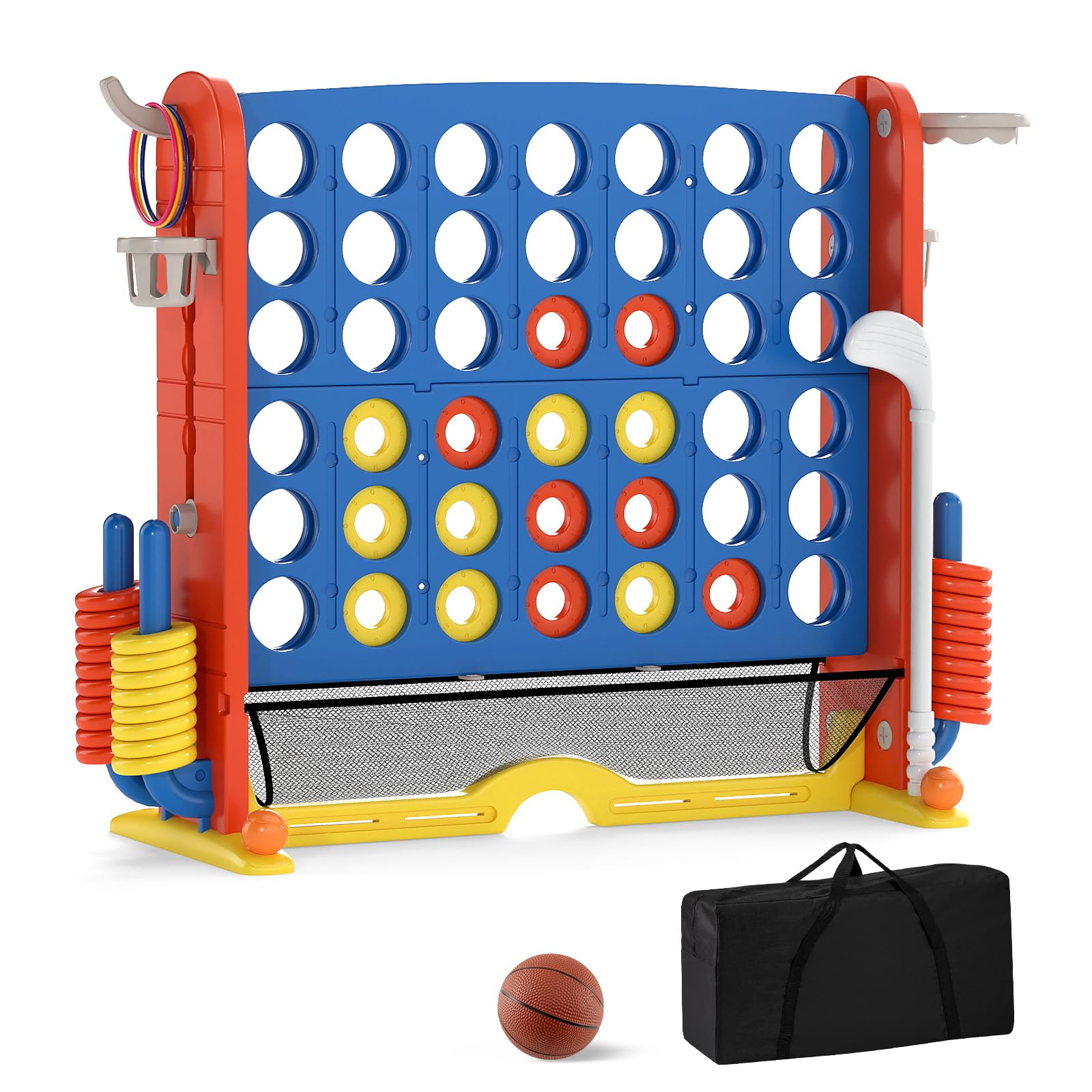 COSTWAY 4 en 1 Jeux Puissance 4 Géant avec 42 Anneaux et Filet, Jeu de Société avec Panier de Basket et Lancer d’Anneaux, Hauteur Réglable, Golf, Porte-gobelets et Sac, Intérieur Extérieur