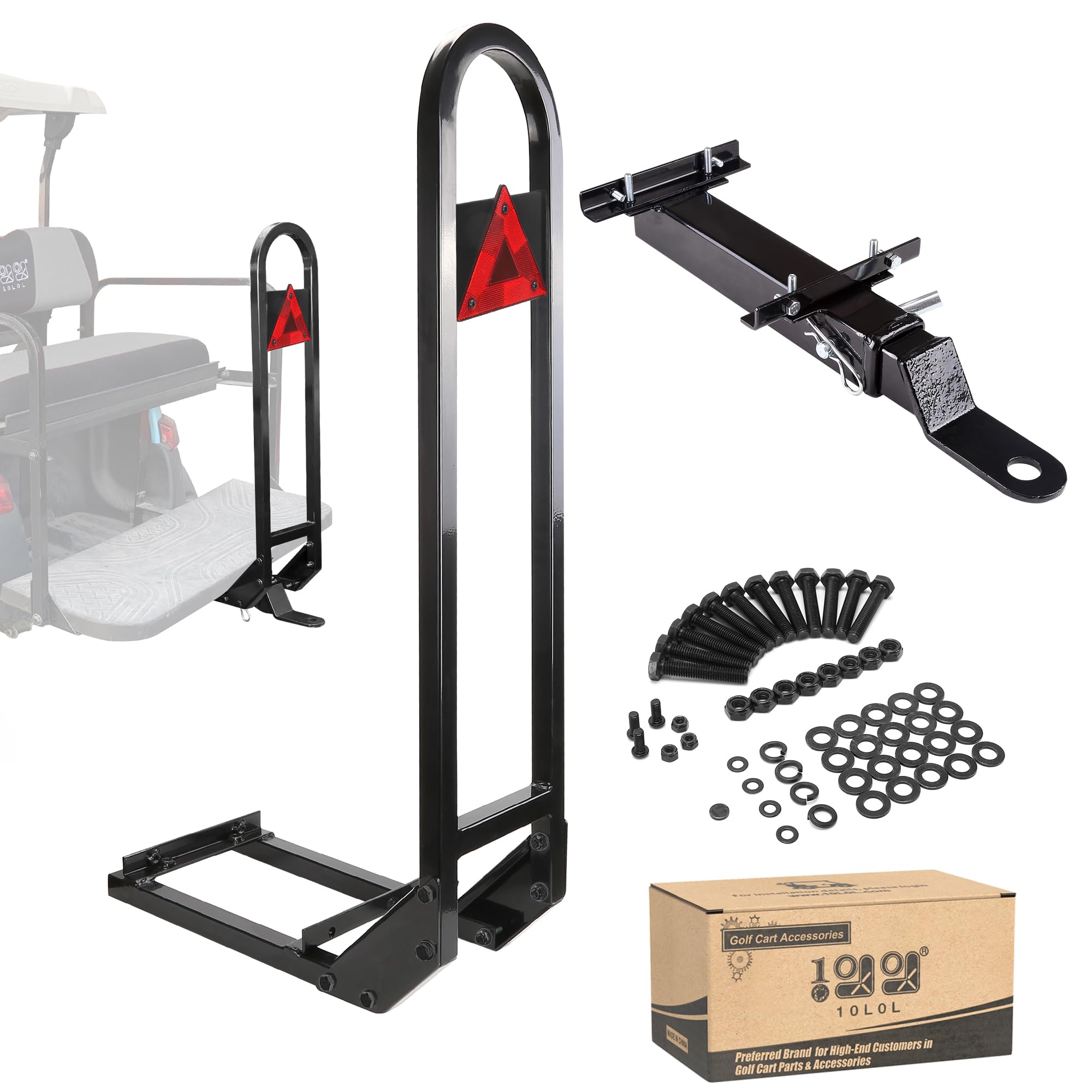 10L0L Universal Golf Cart Rear Seat Safety Grab Bar with Trailer Hitch with Safety Triangles Red Directive Design Fits for Yamaha, Club Car, EZGO,