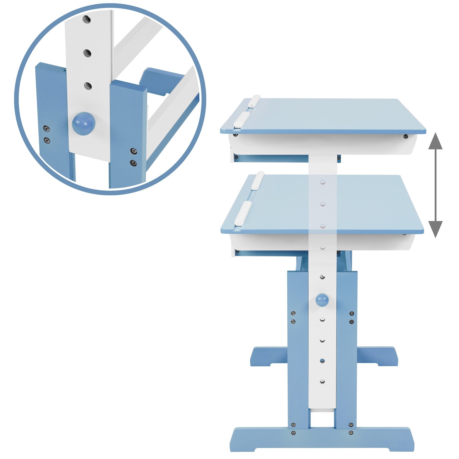 tectake® Scrivania Regolabile in Altezza, Piano Scrivanie Inclinabile, Tavolo per Strudiare con Angoli Arrotondati, Scrivania Ragazzi con Cassetto e Listelli Ferma Oggetti - Blu