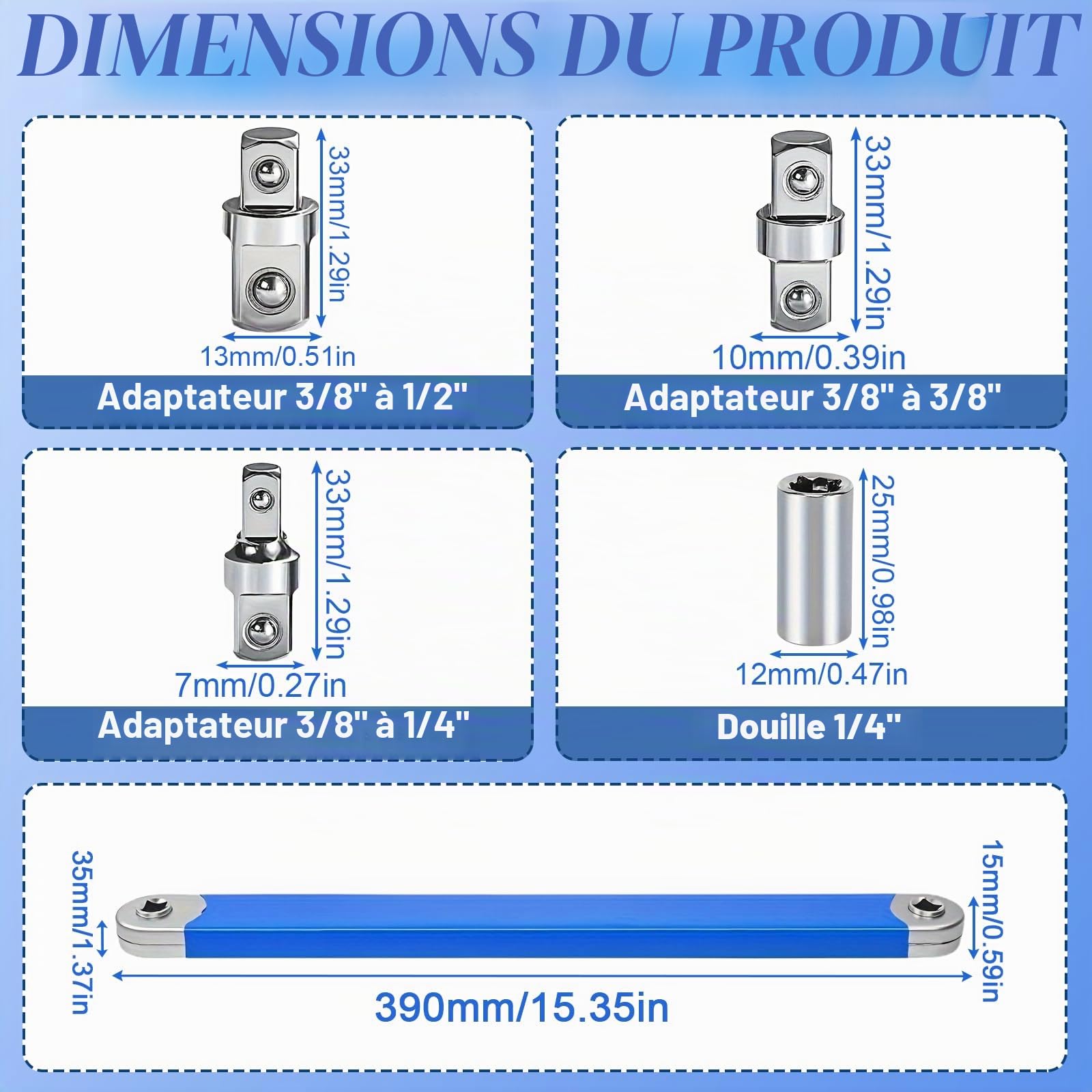 Clé d'extension coudée Offset avec adaptateur d'entraînement 1/2", 1/4" et 3/8", clé d'extension offset pour mécaniciens, artisans de garage