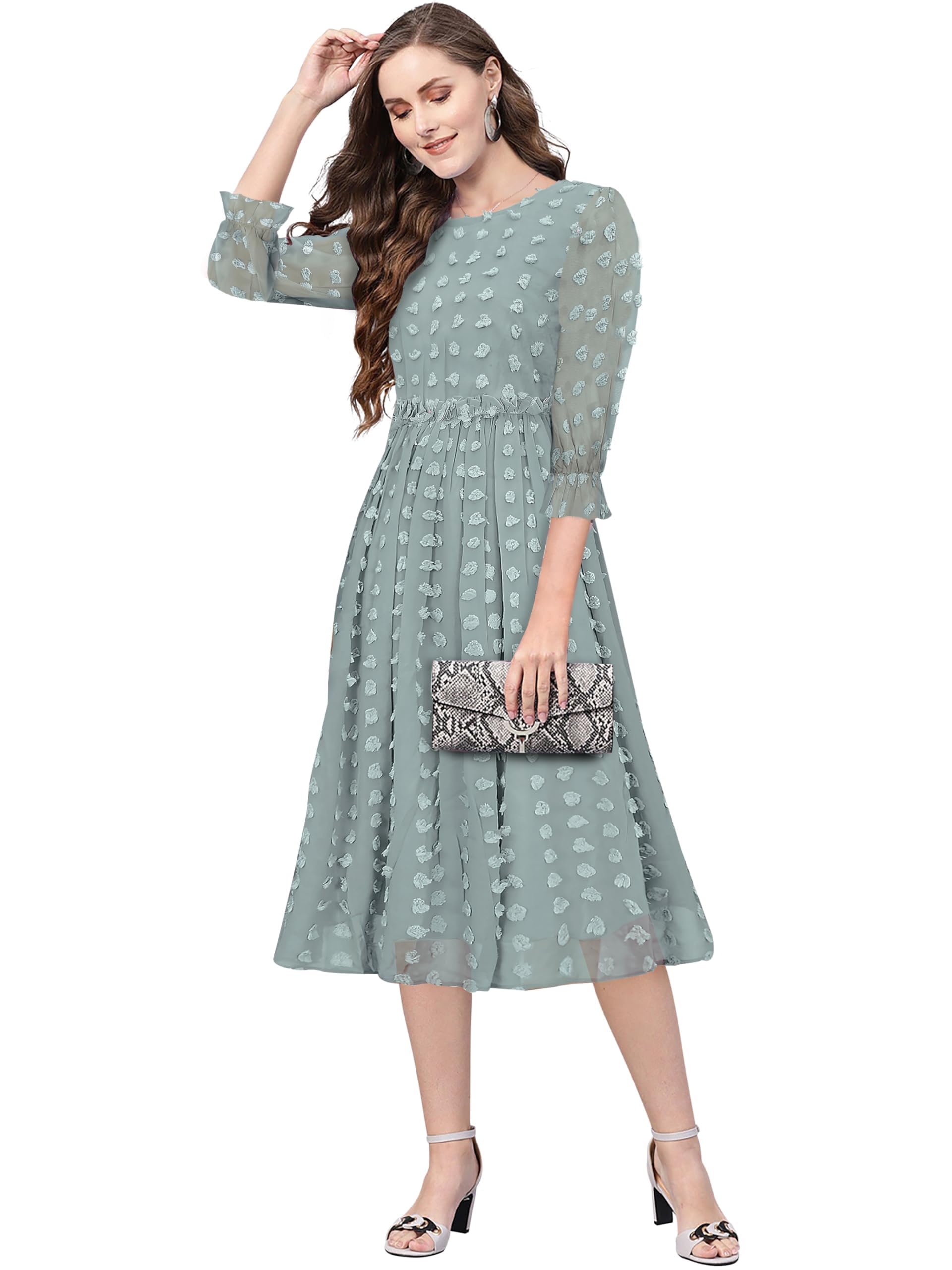 Toochki Women's Sea Green Dobby Georgette Woven Fit & Flared Western Dress | Dress For Women | A Line Dress | Winter Dress | Western Dress | Latest Women Dress | Trendy Dress | Midi Dress