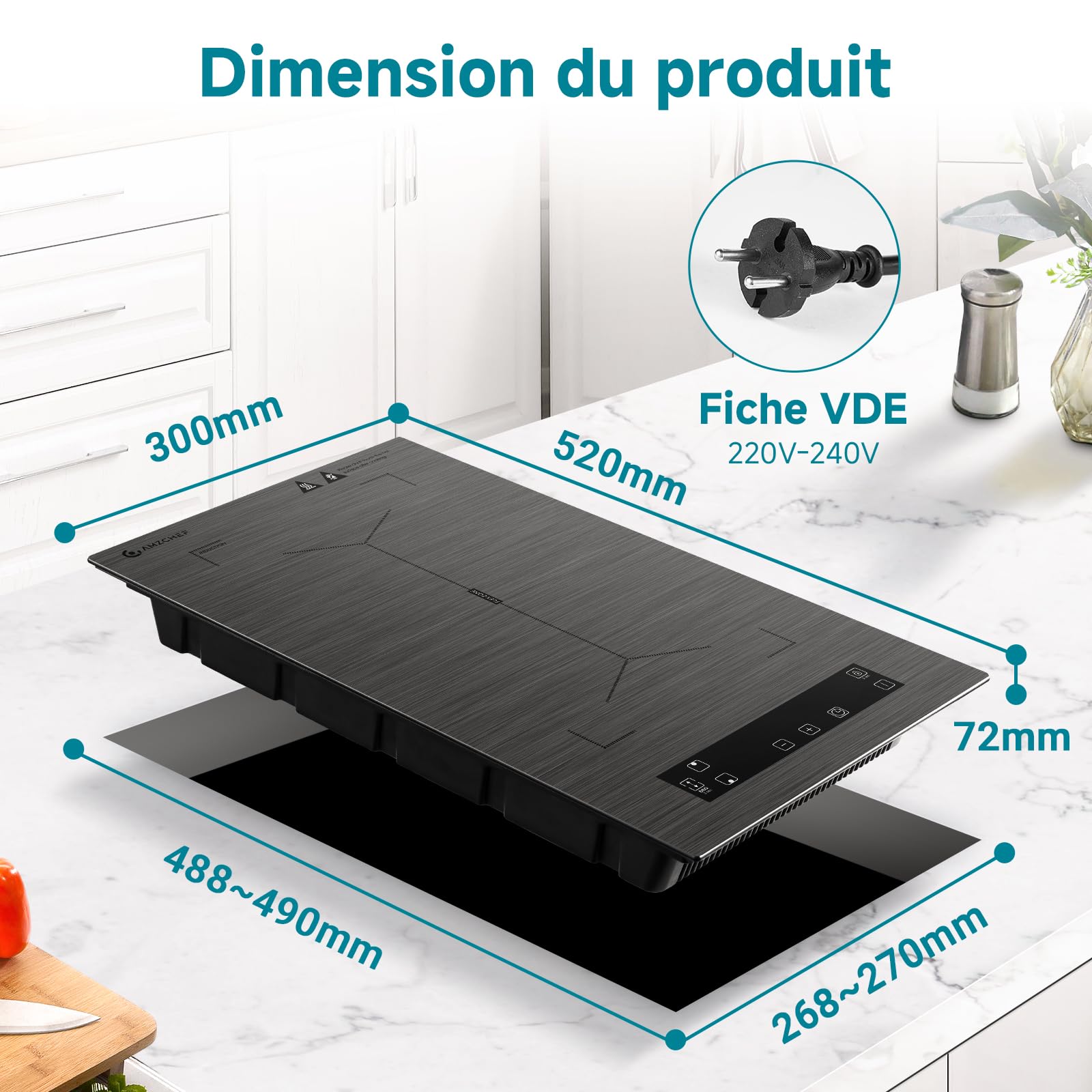 AMZCHEF Plaque à induction 2 feux 3300W avec zones flexibles, verrouillage sécurité et minuterie