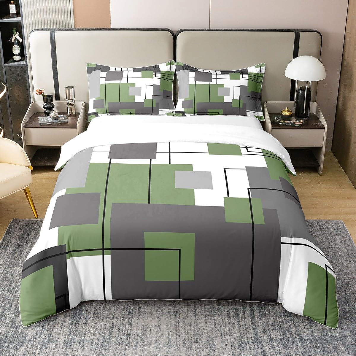 100% Cotton Abstract Comforter Cover Super King Black Grey Green Duvet Cover Geometric Square Bedding Set for Boys Girls Teen Abstract Grid Striped Bed Set Soft Lightweight,2 Pillow Cases