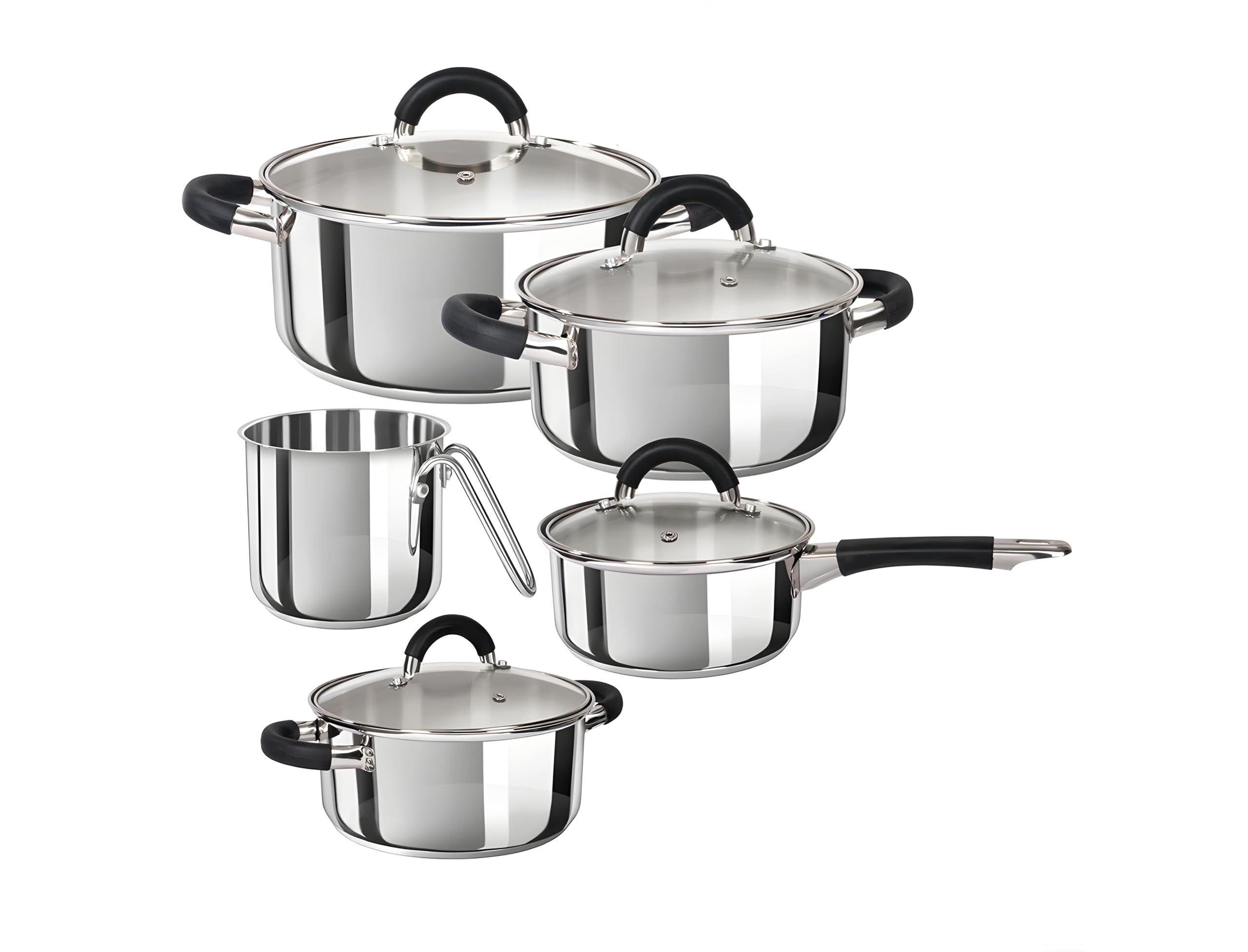 Set Pentole in Acciaio Inox 9 Pezzi, 5 Pentole con 4 Coperchi in Vetro, Fondo Triplo Strato, Manici Ergonomici, Adatto per Induzione Gas Elettrico, Lavabili in Lavastoviglie