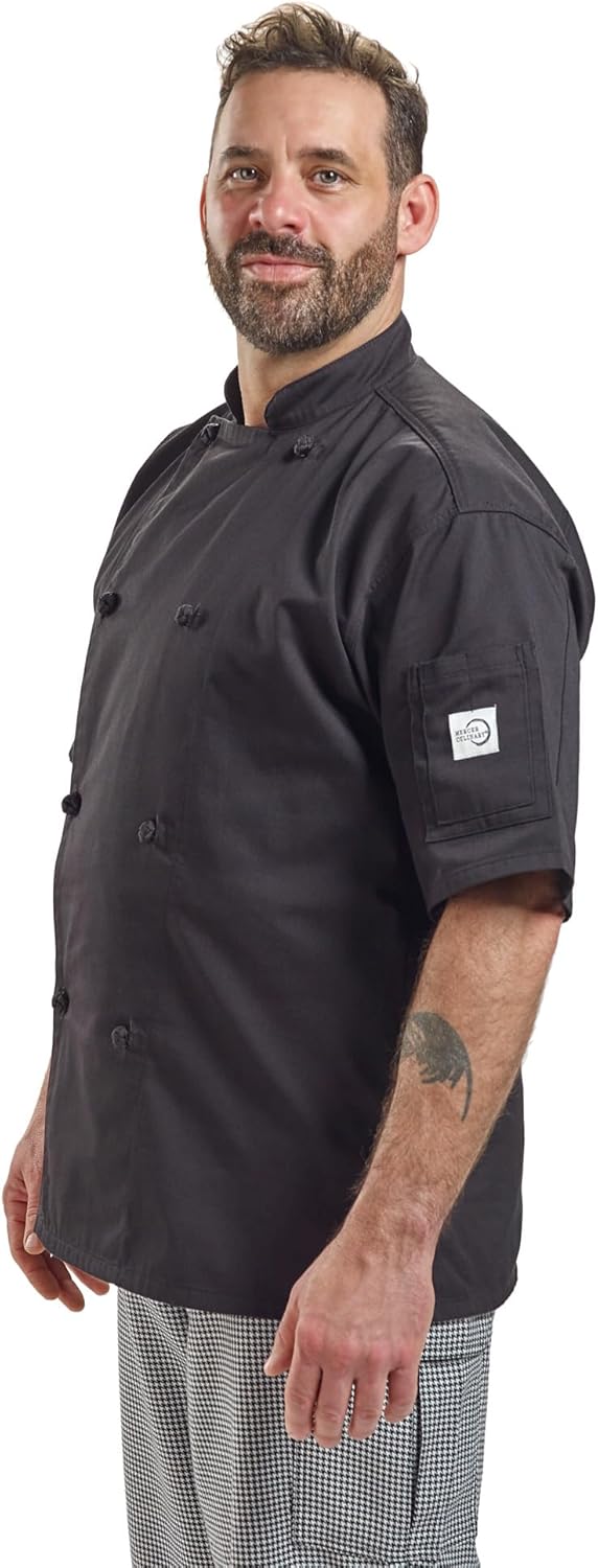 Mercer Culinary M61022BKXS Genesis Men's Short Sleeve Chef Jacket with Cloth Knot Buttons, X-Small, Black - Image 5