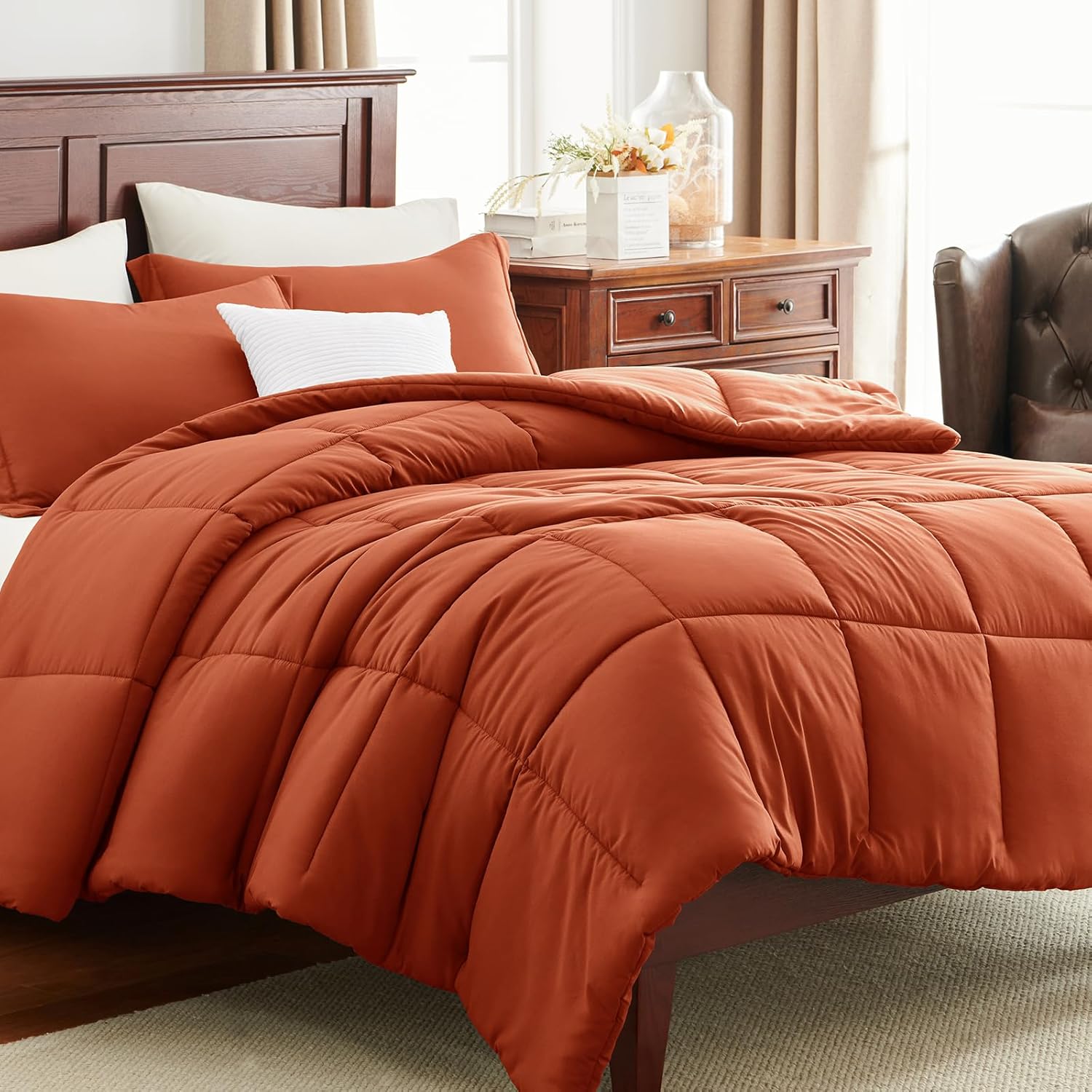 CozyLux Full Size Comforter Sets - Burnt Orange Comforter, 3 Pieces Terracotta Box Stitched Bed Set for All Seasons, Soft Bedding Sets with 1 Down Alternative Comforter and 2 Pillow Shams - Image 9