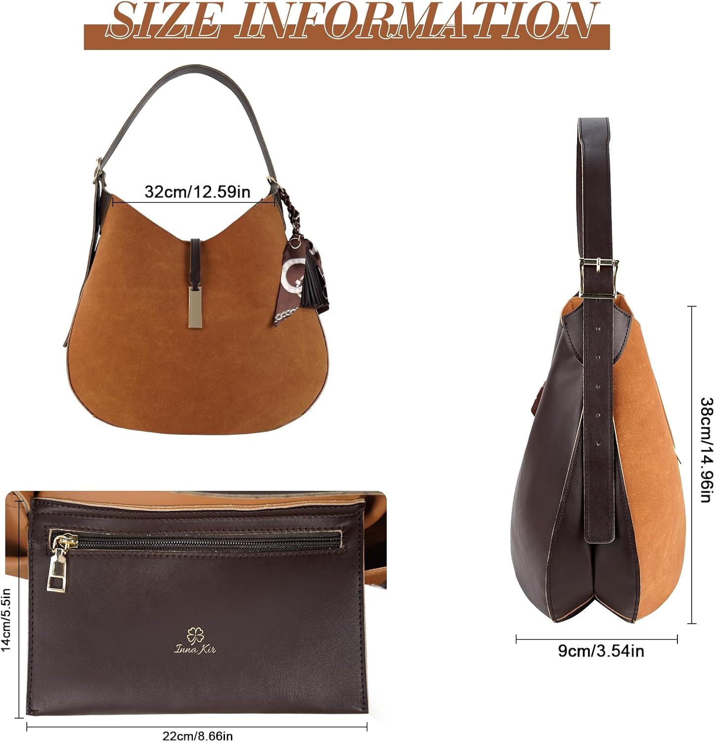 Brown Vegan Suede Hobo Bag- Elegant Shoulder Tote& Crossbody Handbag With Trendy Keychain Gift - Image 4