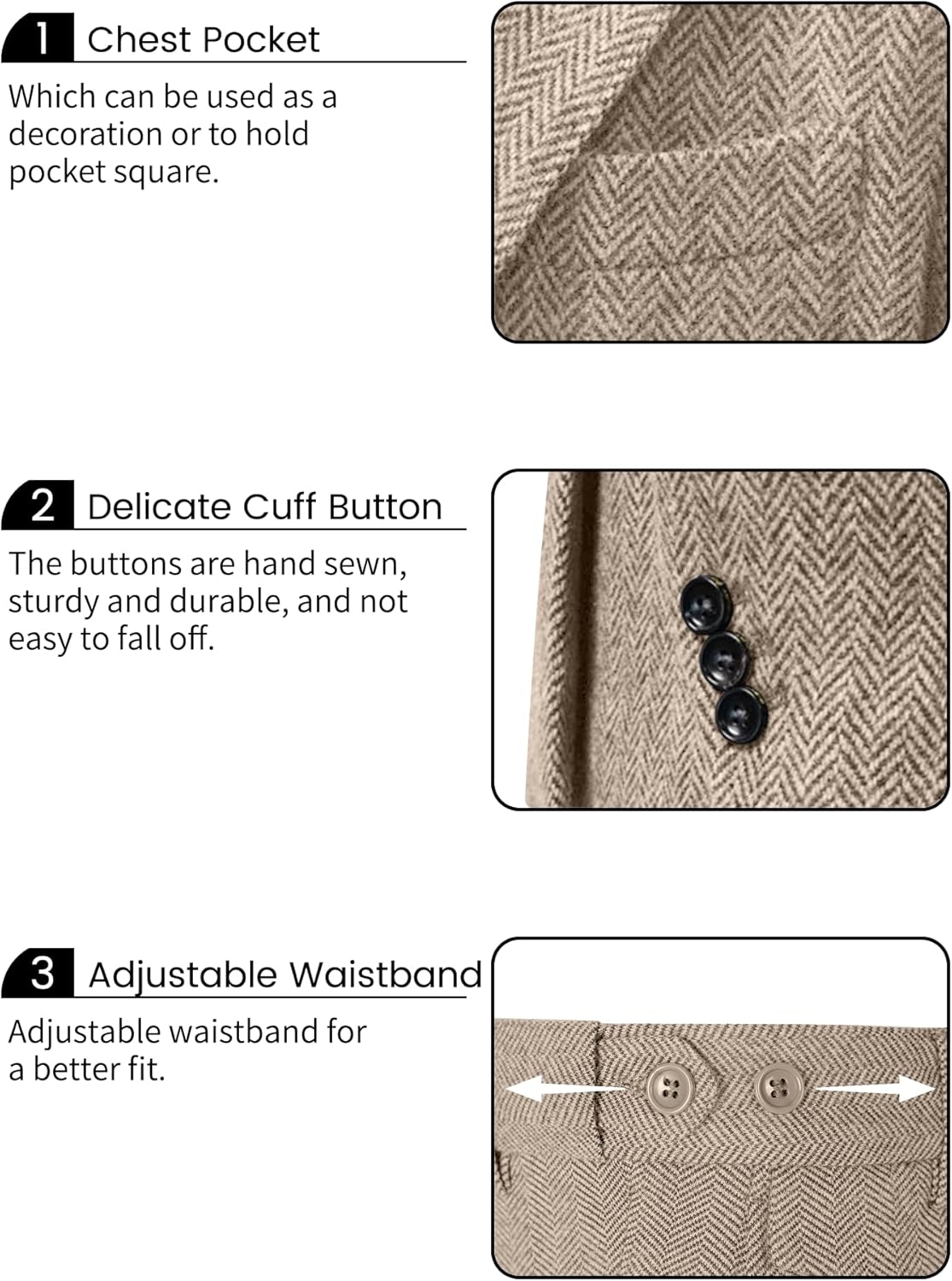 Herringbone Tweed Suits for Men Slim Fit 2 Piece Khaki Formal Suits Wool Blend Suit Jacket Pants Prom Wedding Men's Tuxedo XL - Image 6