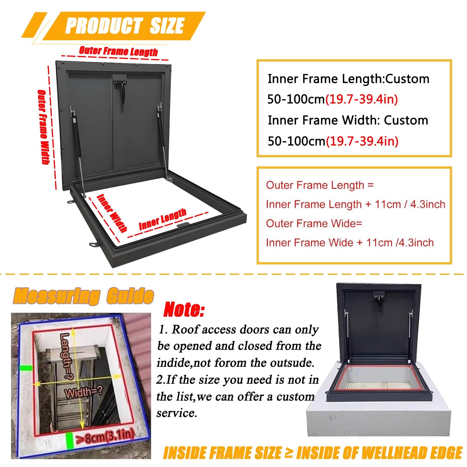 Klapa poddasza ze stali ocynkowanej – zamykane czarne aluminiowe drzwi wejściowe 65 x 70 cm (26 x 28 cali) z uchwytem i gumową uszczelką odporna na warunki atmosferyczne osłona wentylacyjna piwnicy