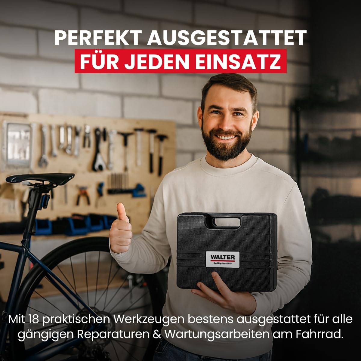 WALTER Fahrrad-Werkzeugkoffer 18- tlg. Fahrrad Werkzeug-Set, hochwertiger Multifunktionskoffer, robuster Transportkoffer, auch perfekt geeignet für Hobbybiker, ausgestattet mit wichtigsten Werkzeugen