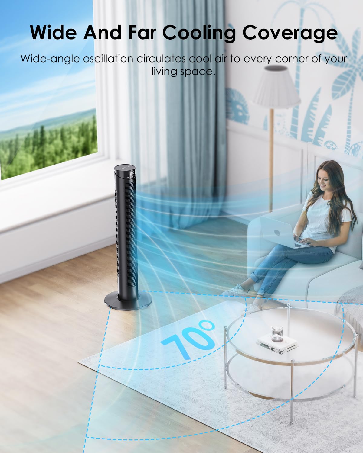 Ventilatore a Torre con Telecomando - Ventilatore a Colonna 8 m/s, Timer 1-12 Ore, 6 Velocità e 5 Modalità (Temperatura Costante ECO), Oscillazione 70° Silenziosa, Basso Consumo Energetico 45 W