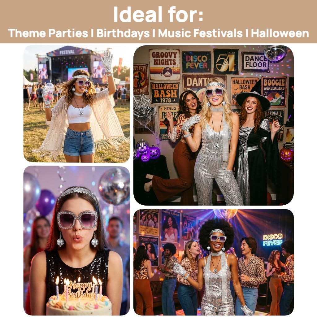 6pcs 70s Disco Accessories Set - Disco Outfits for Women with Glasses, Earrings, Gloves, Bracelet, Headband & Sequin Shawl — view 4